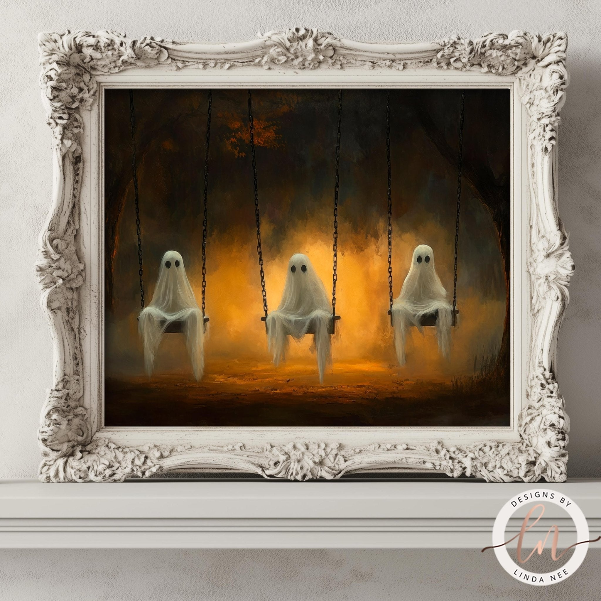 The image is a framed painting depicting three ghostly figures sitting on swings in a dark, mysterious forest setting.
