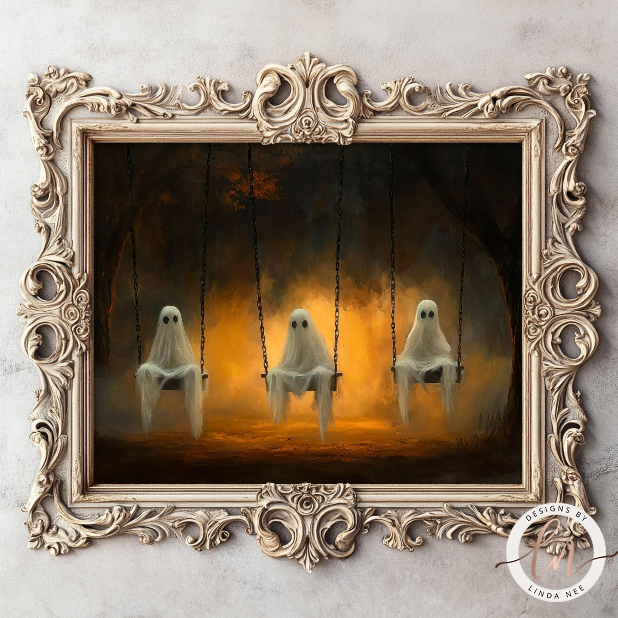 The image is a painting of three ghostly figures sitting on a swing set, with a dark and mysterious atmosphere.