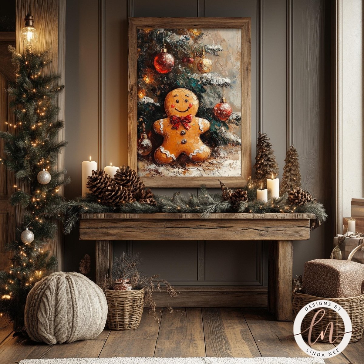 a cozy and festive Christmas scene with a gingerbread man painting hanging on a wall, surrounded by holiday decorations such as pine cones, candles, and a Christmas tree.
