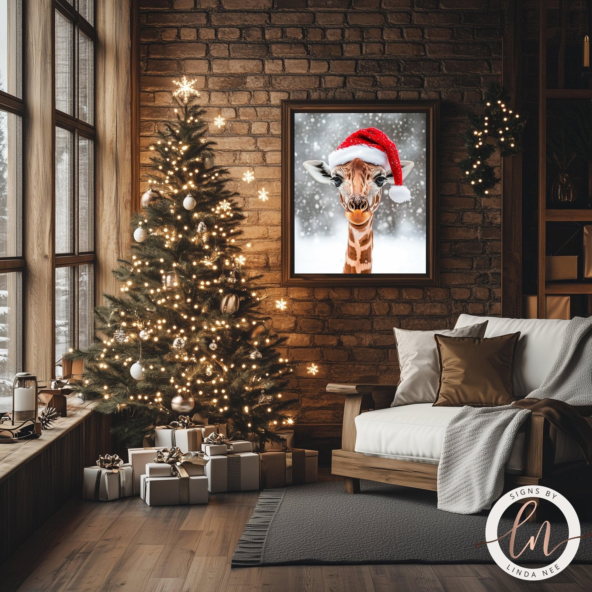 a cozy Christmas scene with a decorated Christmas tree, a framed picture of a giraffe wearing a Santa hat, and a comfortable couch with a blanket and pillows.