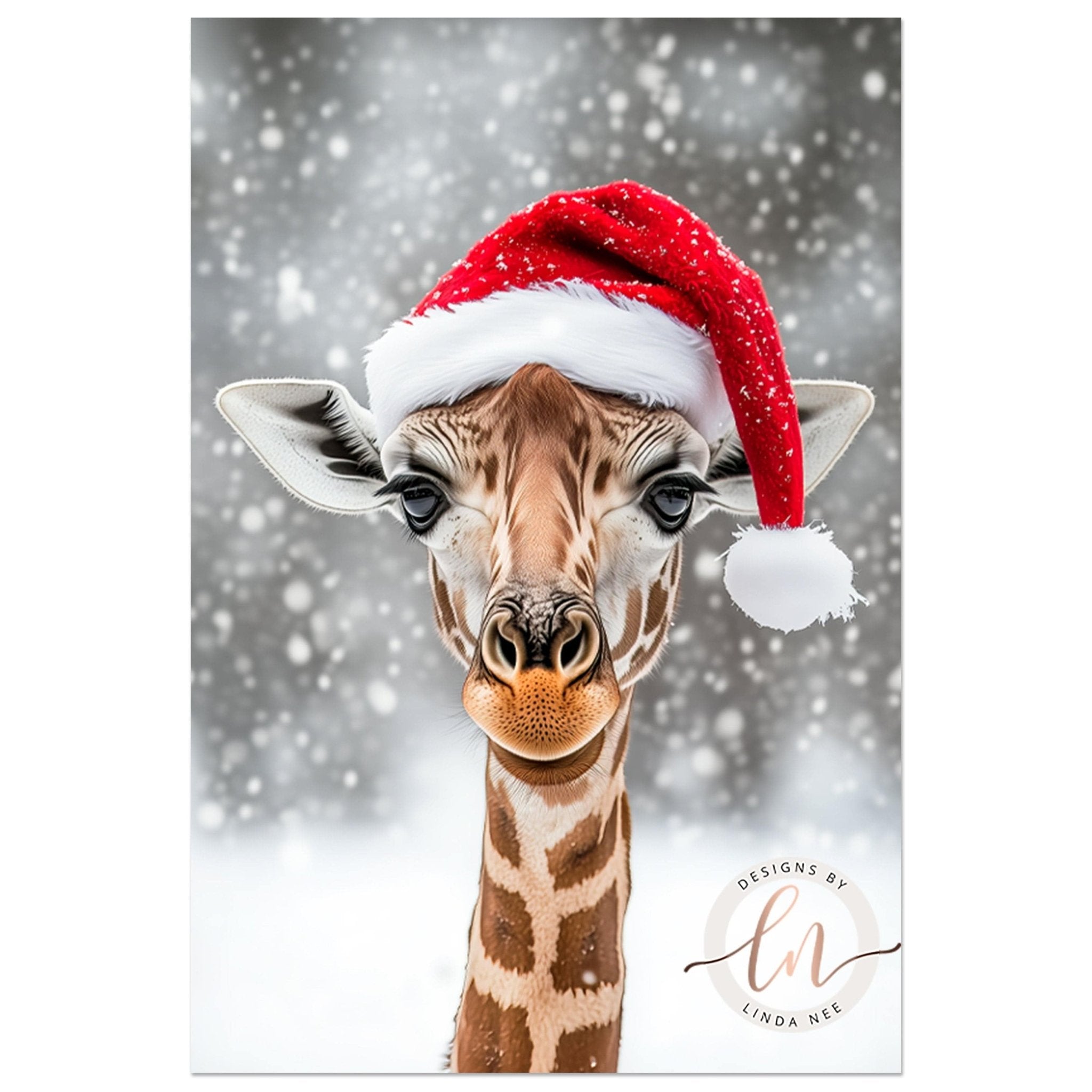 A giraffe wearing a red Santa hat with a white pom pom, set against a snowy background with falling snowflakes.