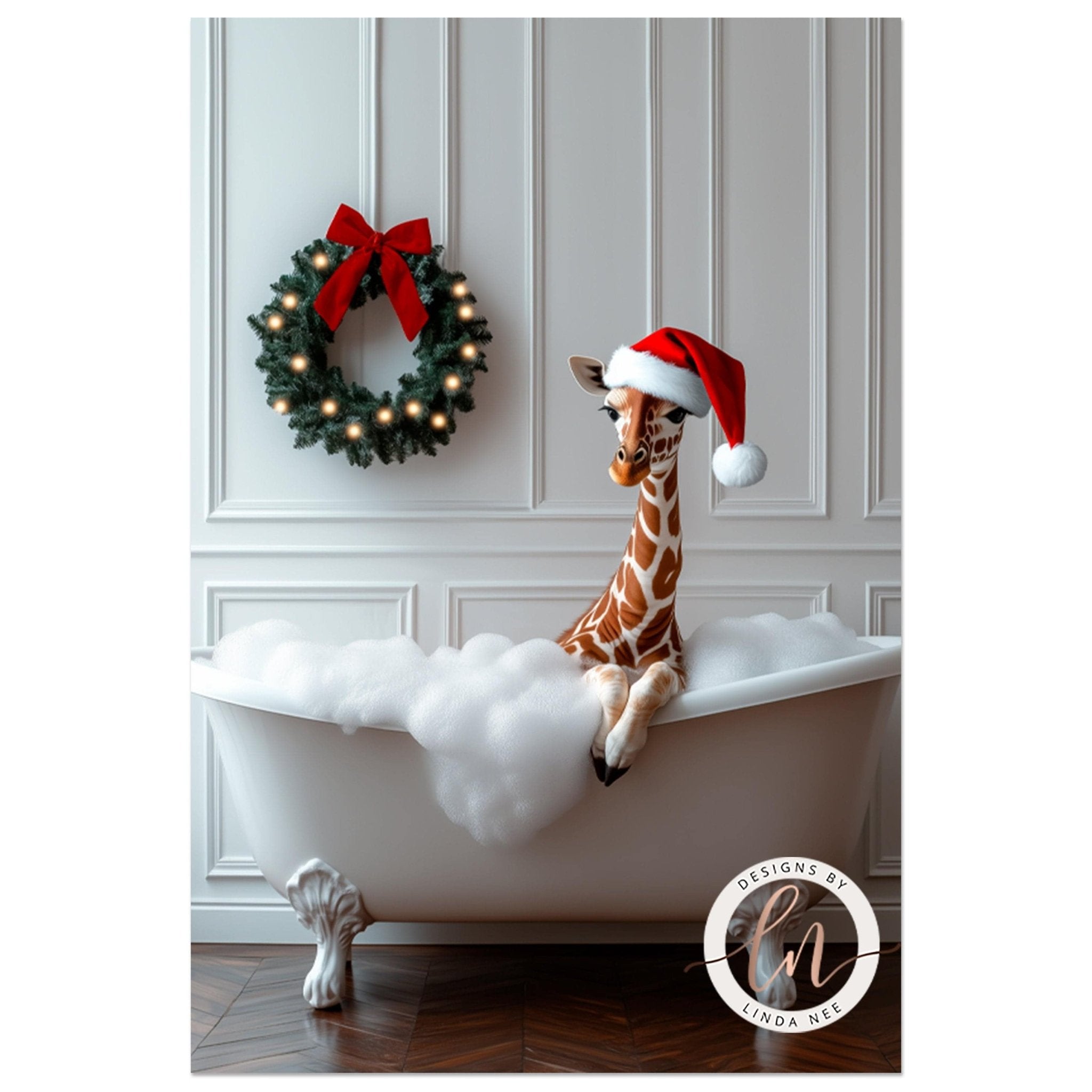 A giraffe wearing a Santa hat is sitting in a white bathtub, surrounded by a Christmas wreath and a white wall.