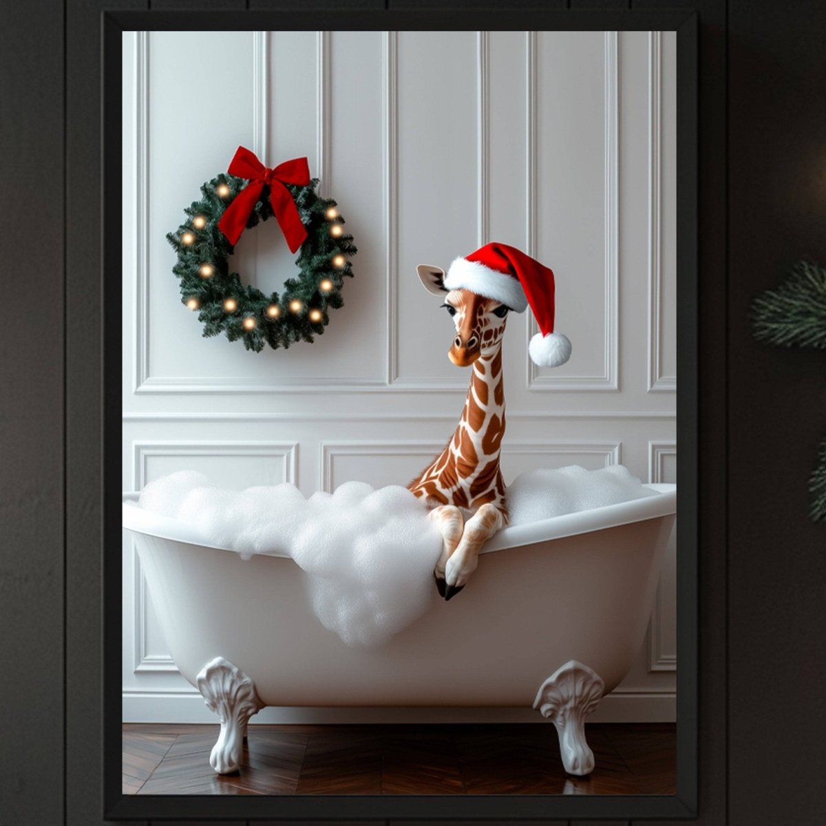 A giraffe wearing a Santa hat is sitting in a white bathtub filled with bubbles, with a Christmas wreath hanging on the wall behind it.
