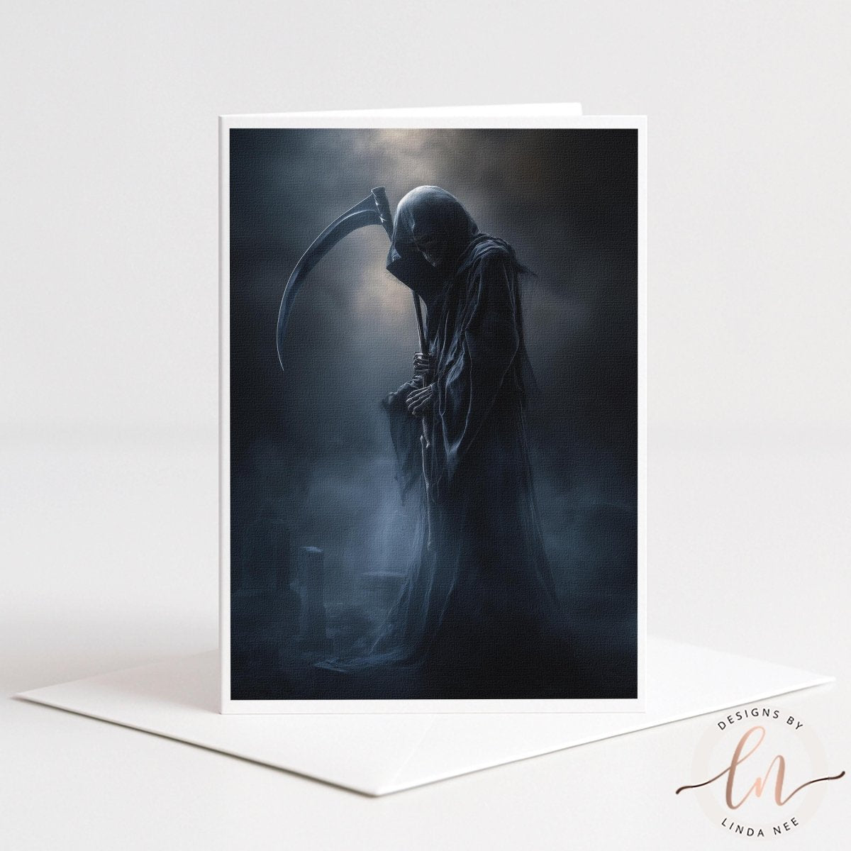 A dark, ominous figure with a scythe stands in a misty, foreboding landscape, evoking a sense of foreboding and dread.