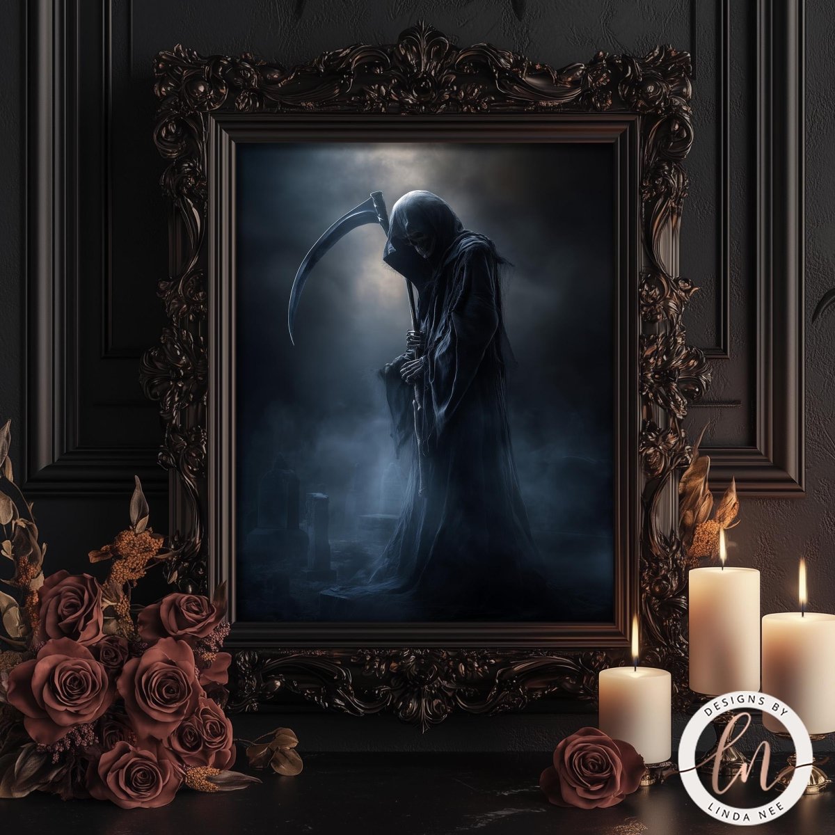a dark, ominous figure with a scythe, surrounded by a dark, ominous atmosphere. The figure is framed within an ornate, dark frame, and there are candles and roses in the foreground, creating a spooky and foreboding scene.