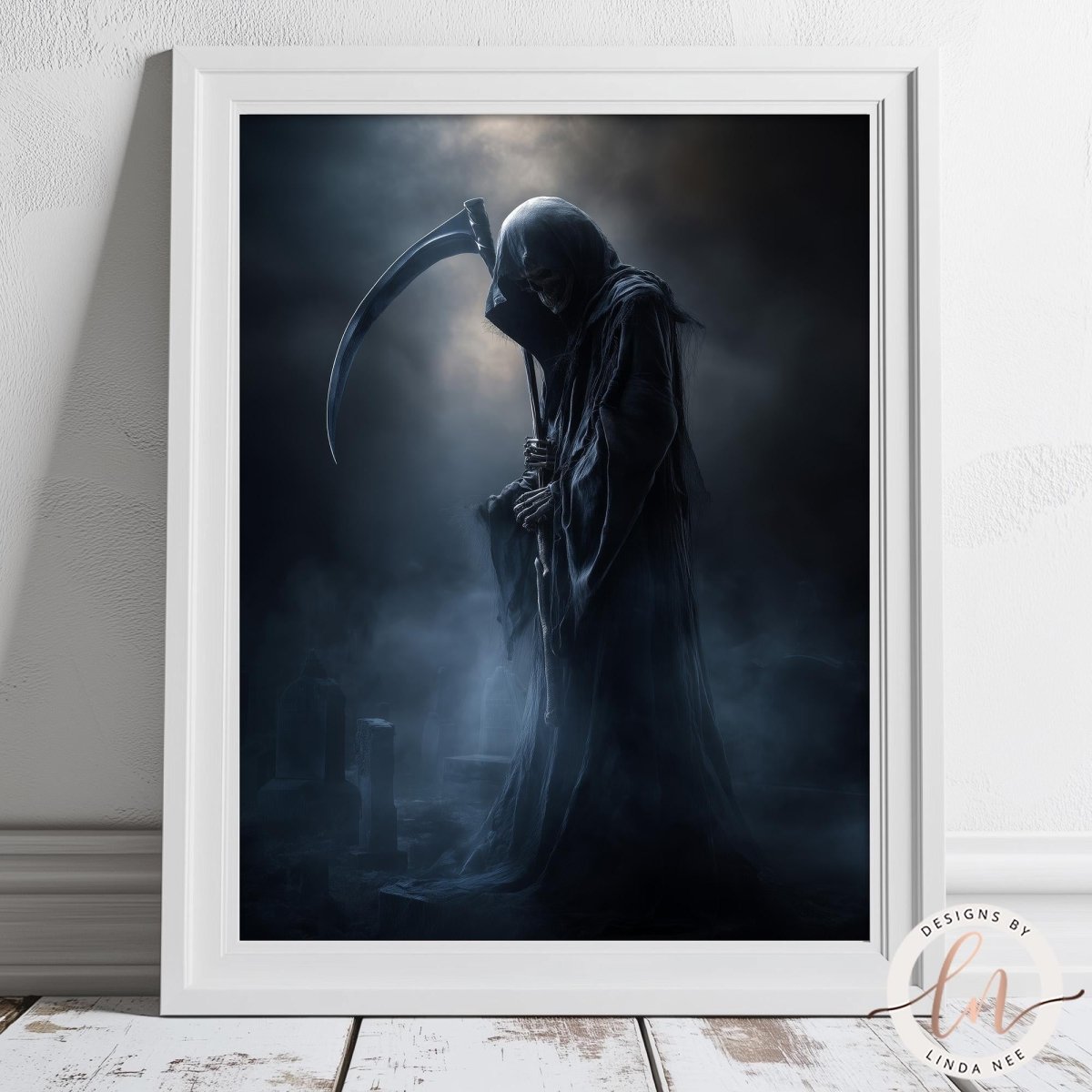 A dark, ominous figure with a long, flowing cloak and a scythe stands in a misty, foreboding landscape.