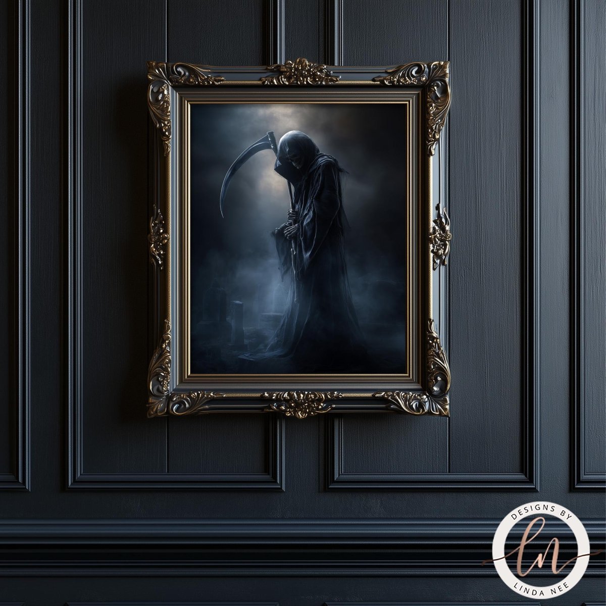 a dark, ominous figure with a long, flowing cloak and a scythe, set against a dark, moody background. The figure is framed within an ornate, gilded frame, which adds an air of mystery and foreboding to the scene.