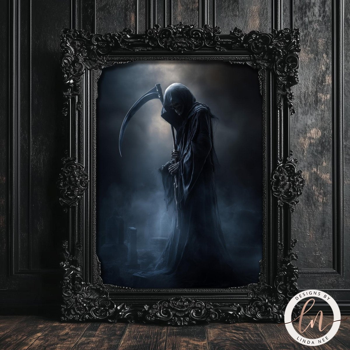 a dark, ominous figure with a long, flowing cloak and a scythe, set against a dark, ominous background. The figure is framed within an ornate, black frame, which adds to the overall ominous atmosphere of the scene.
