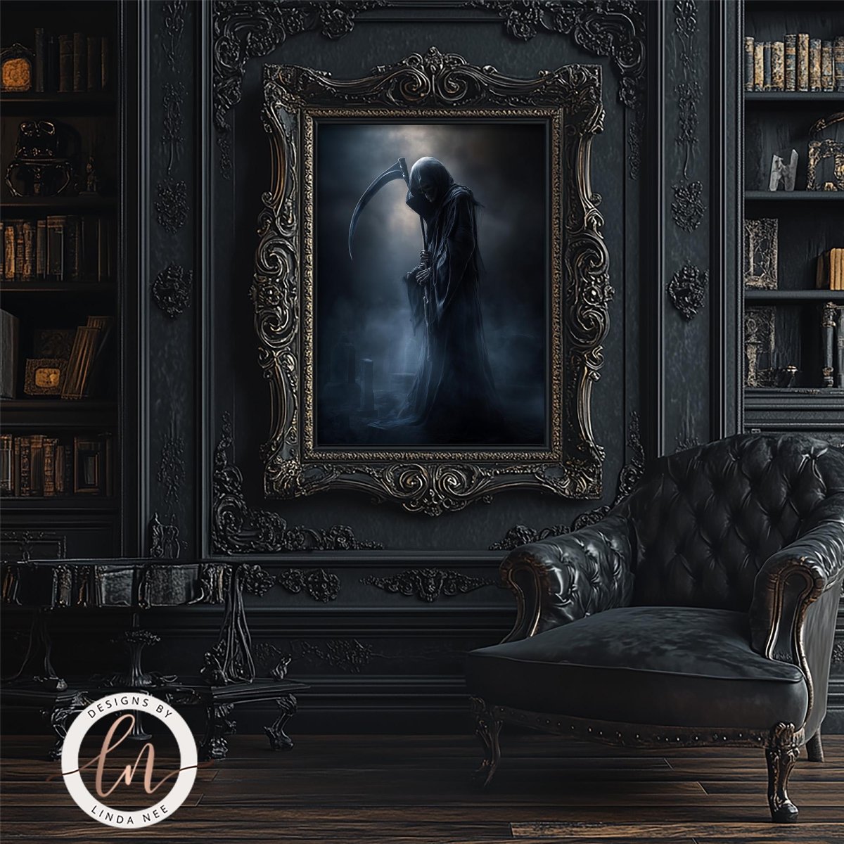 a dark, gothic-themed room with a large, ornate frame containing a painting of a figure in a long black cloak and a scythe. The room also includes a black leather armchair and a bookshelf filled with books.