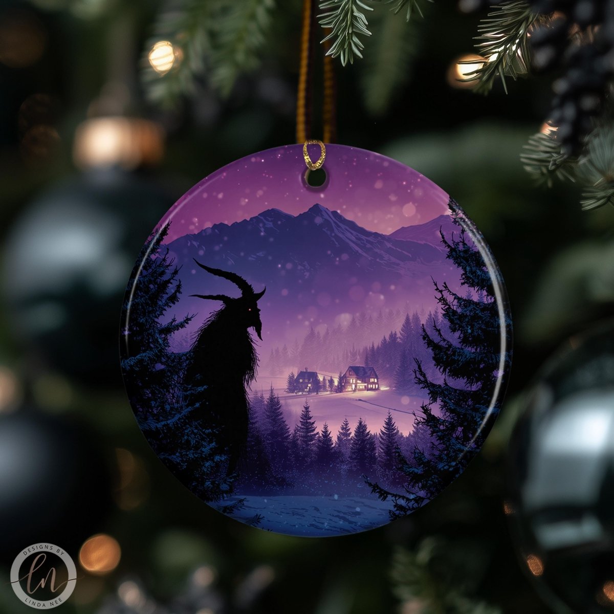 A purple and blue ornament featuring a silhouette of a horned creature against a snowy mountain landscape with a village in the distance.