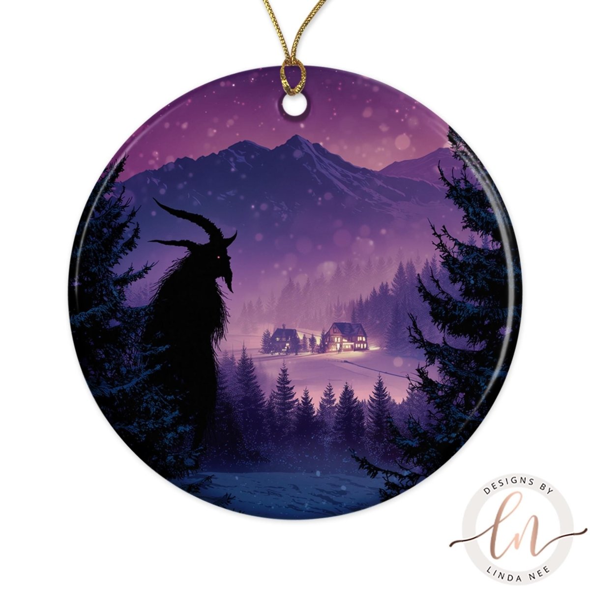 A purple and blue circular ornament depicting a snowy mountain landscape with a silhouetted figure of a person standing in the foreground.