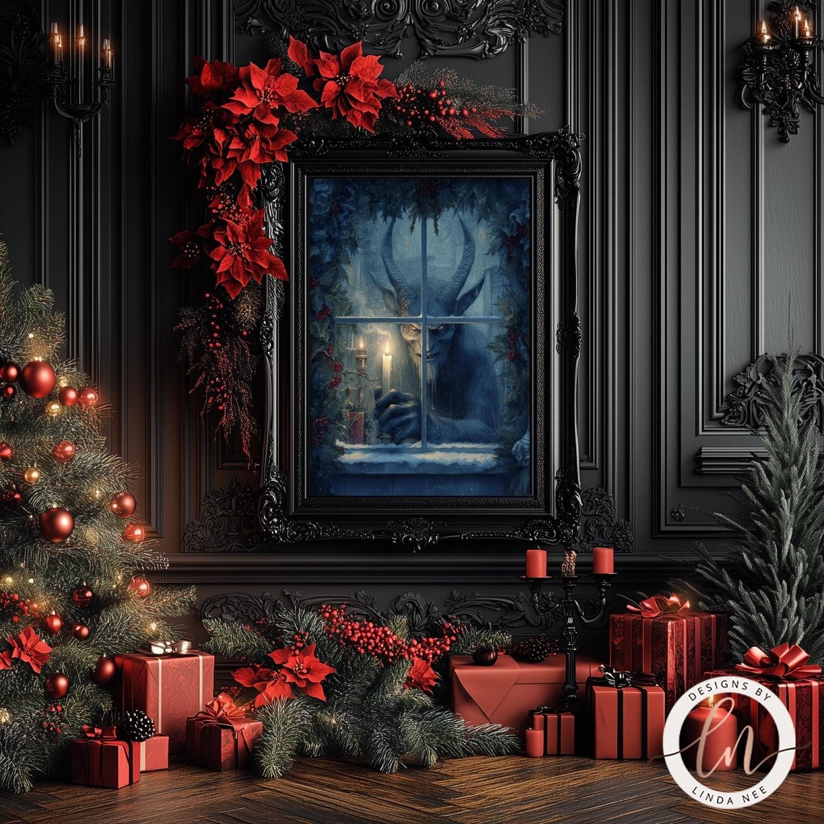 a festive Christmas scene with a large framed painting of a monster peering out of a window, surrounded by red poinsettias, red presents, and a decorated Christmas tree.