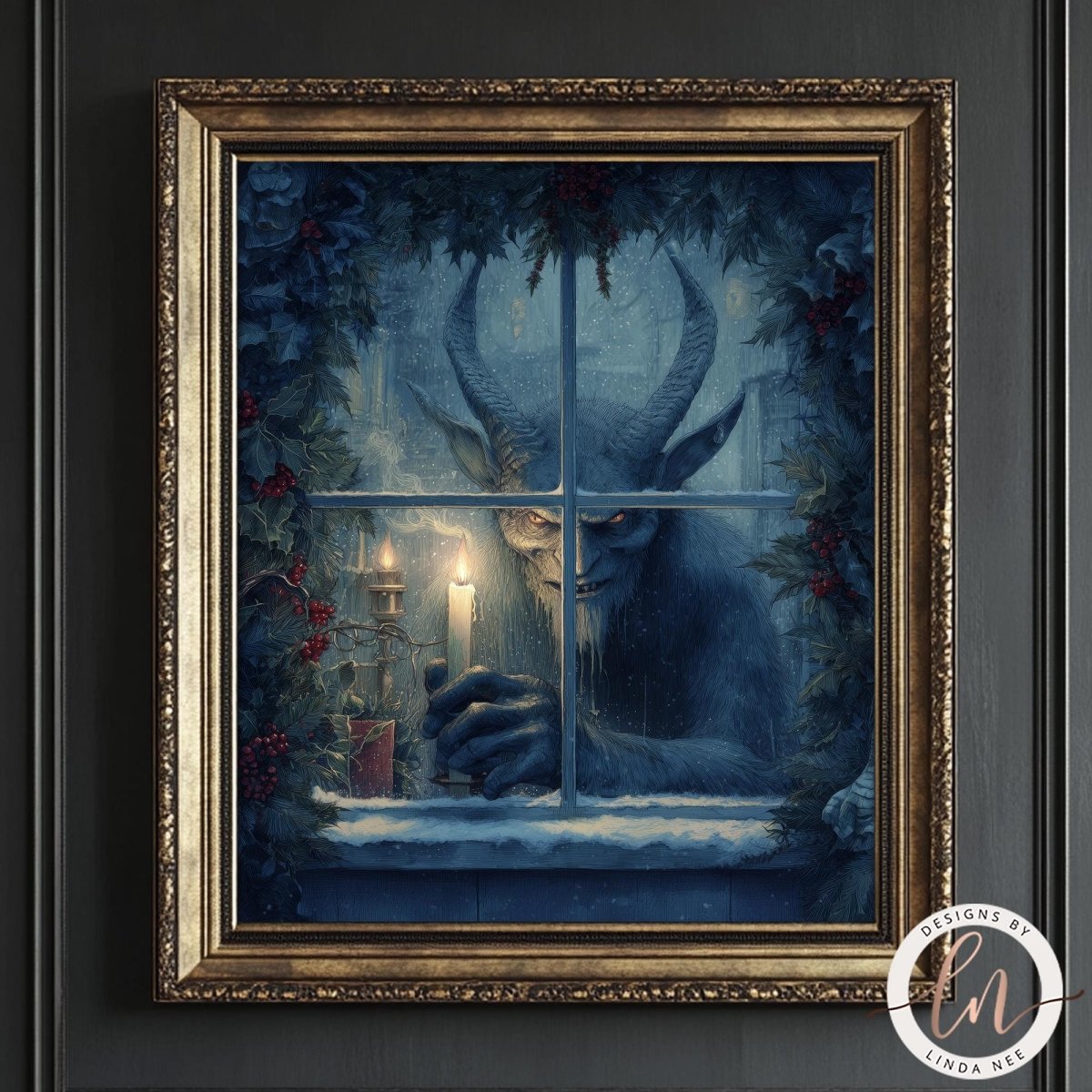 a large, horned creature with glowing eyes and a candle in its hands, sitting in a window frame surrounded by a wreath of berries and greenery.