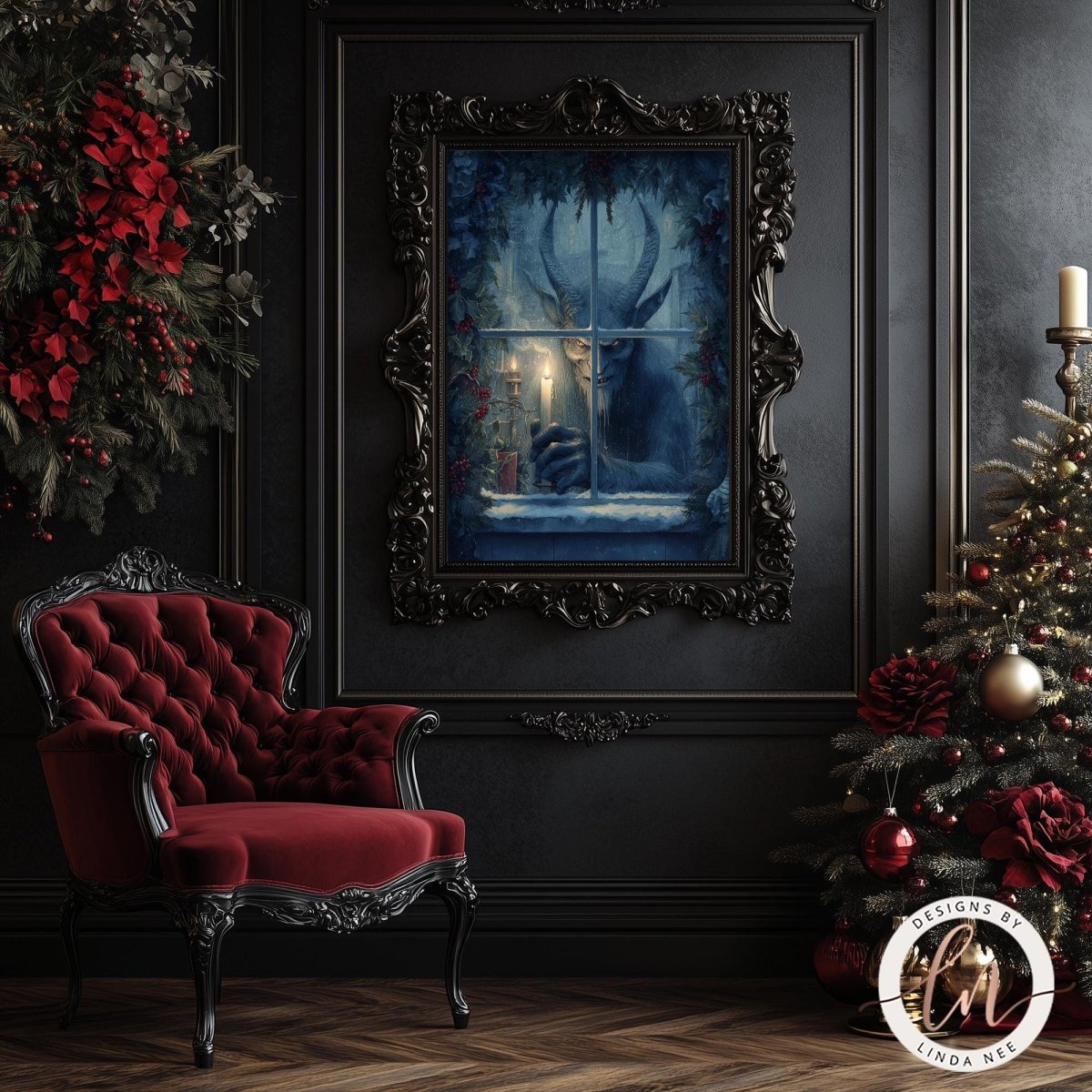 a dark, gothic-style room with a red velvet chair, a Christmas tree, and a large framed painting of a monster or beast.