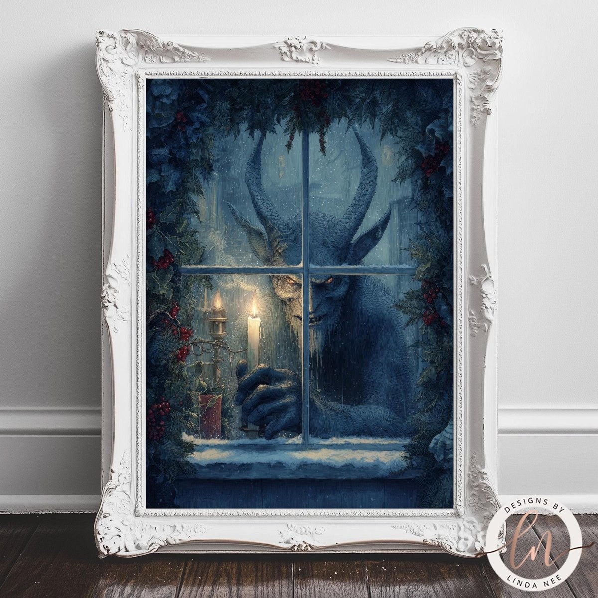 The image is a framed painting depicting a large, horned creature with glowing eyes and a long, flowing beard, sitting in a window surrounded by a snowy landscape and holiday decorations.