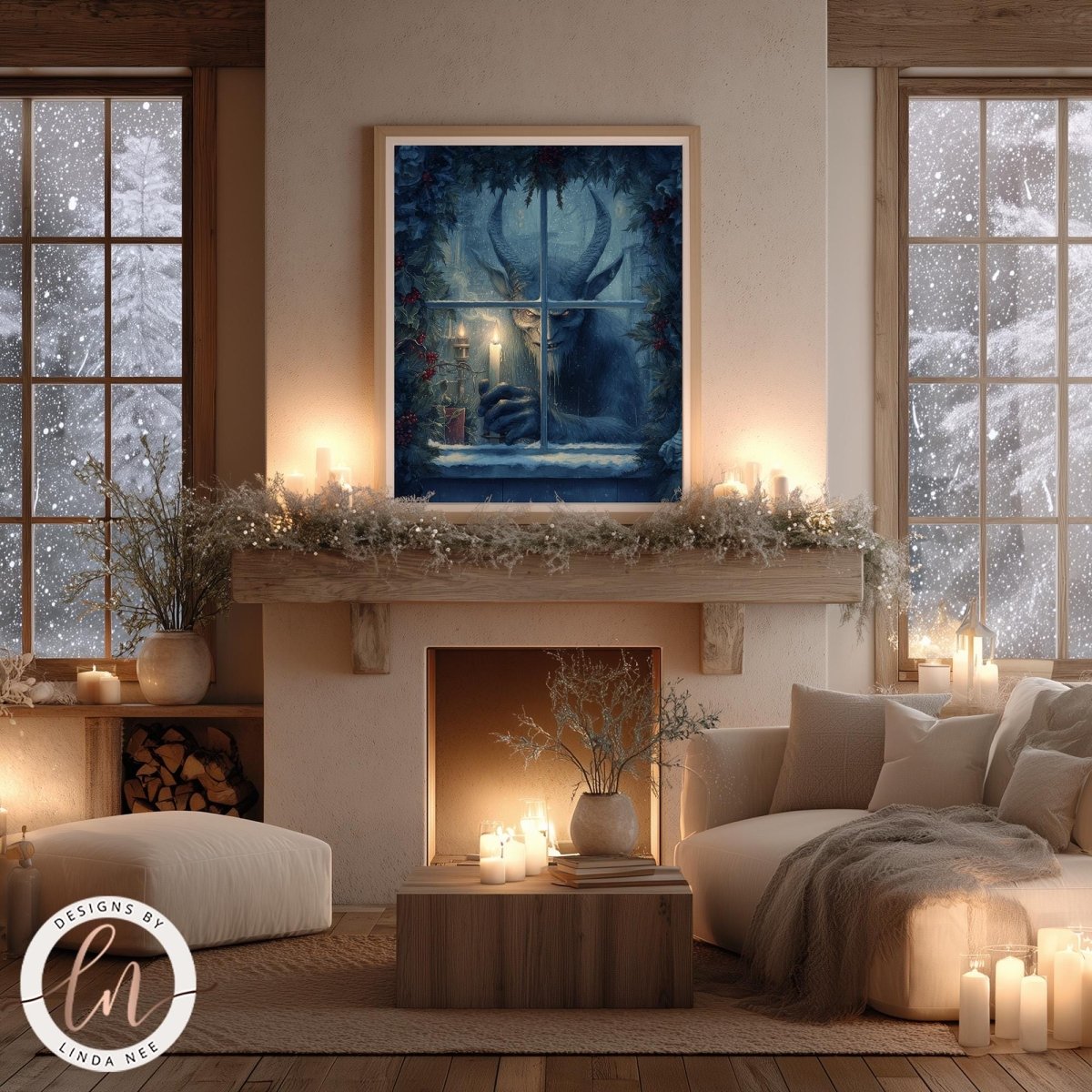 a cozy and inviting living room with a fireplace, a large window, and a painting of a cat sitting by the window. The room is decorated with candles, plants, and other festive elements, creating a warm and welcoming atmosphere.