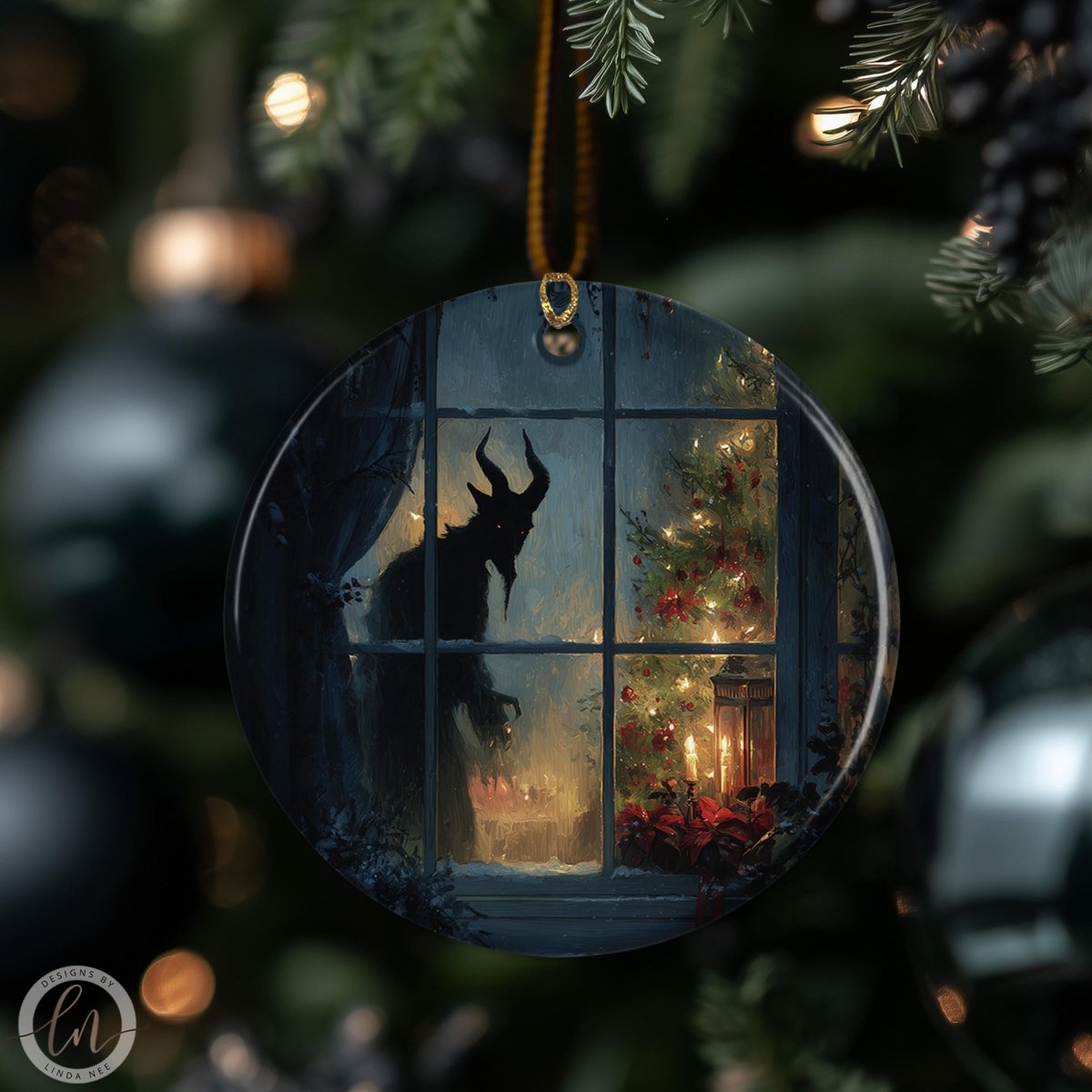 A round ornament hanging on a Christmas tree, depicting a dark figure silhouetted against a window with a lit Christmas tree visible through the window.