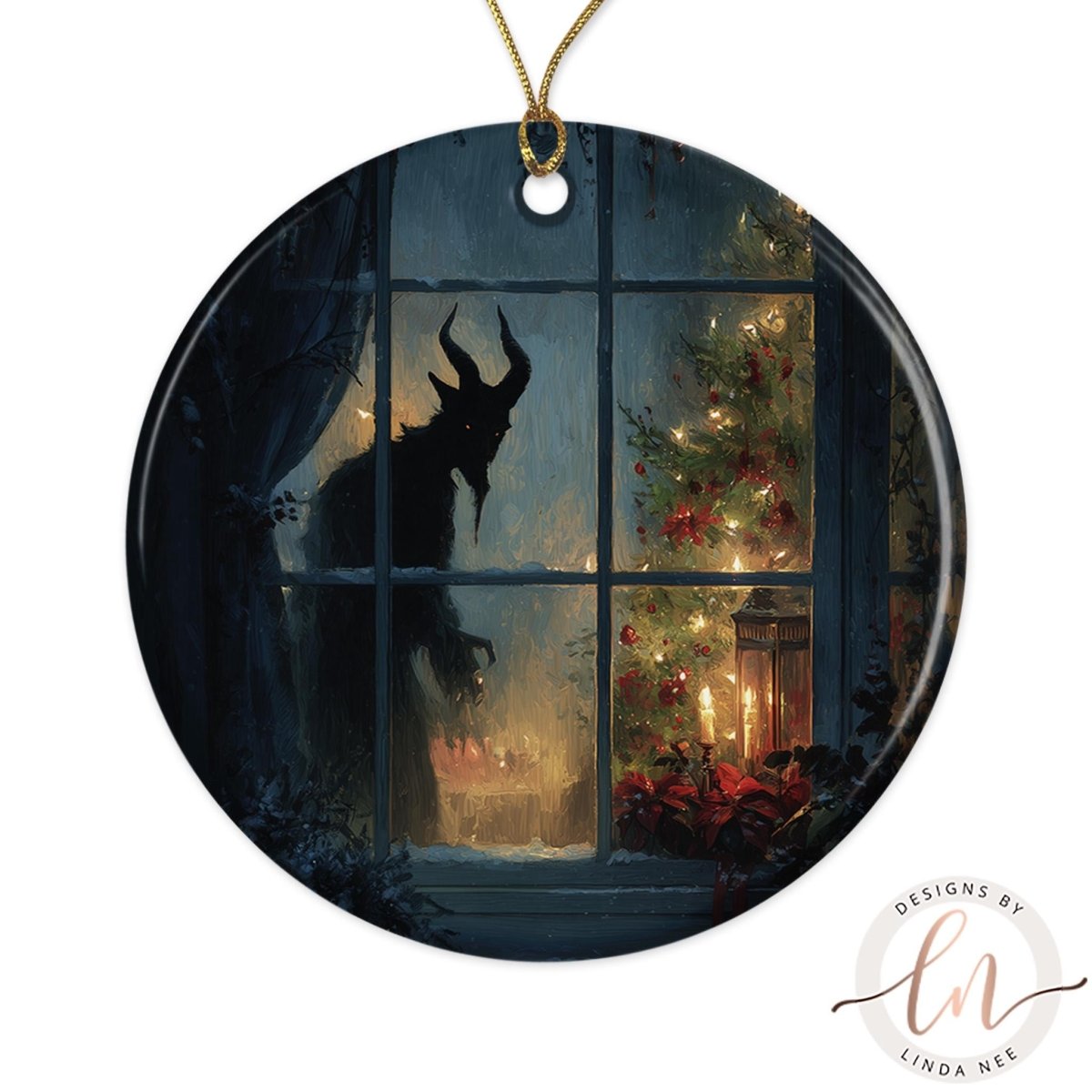 A dark, ominous figure is seen through a window, with a Christmas tree and decorations visible in the background.