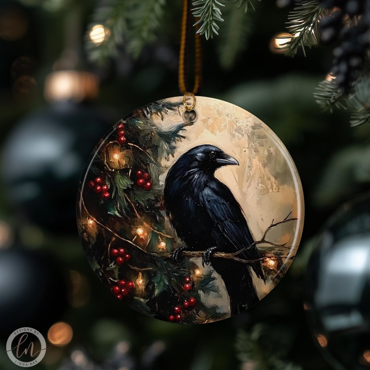 A close-up of a Christmas tree ornament featuring a black crow perched on a branch with red berries, surrounded by other ornaments and lights.