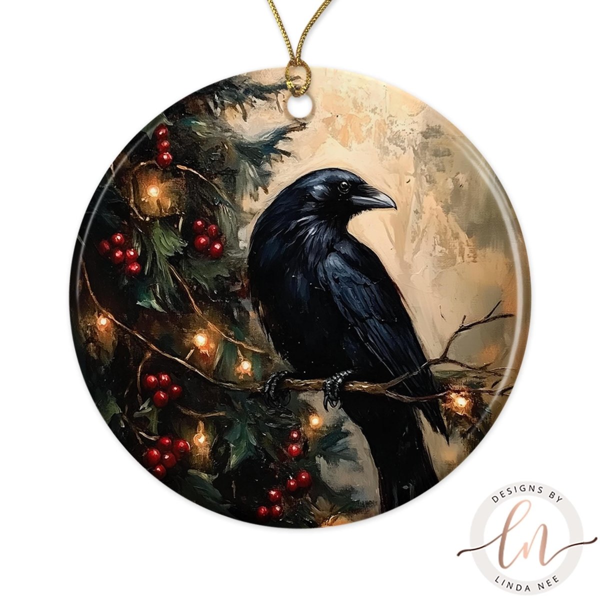 Gothic raven Christmas ornament hanging on a moody green Christmas tree with warm lights and dark holiday décor, ceramic round ornament by Designs by Linda Nee.