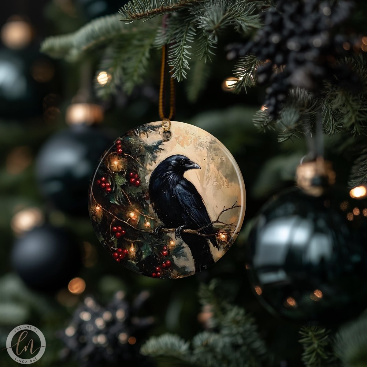 A close-up of a Christmas tree ornament featuring a black crow perched on a branch with red berries, surrounded by other ornaments and lights.