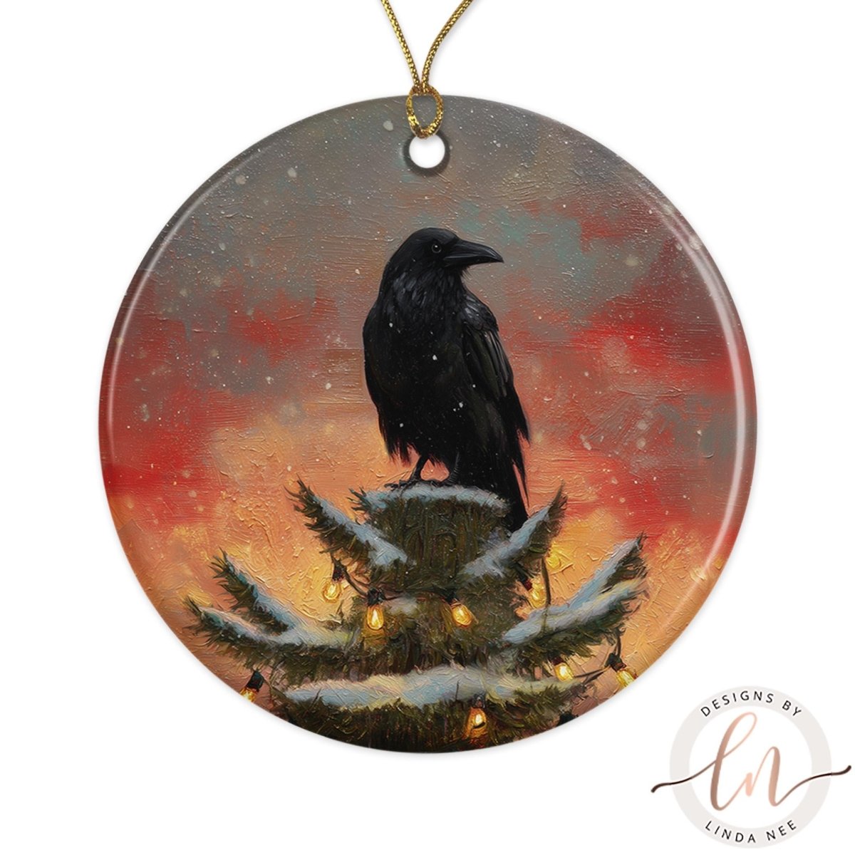 A black crow perched on a snow-covered tree branch, with a warm, glowing background that appears to be a sunset or sunrise.