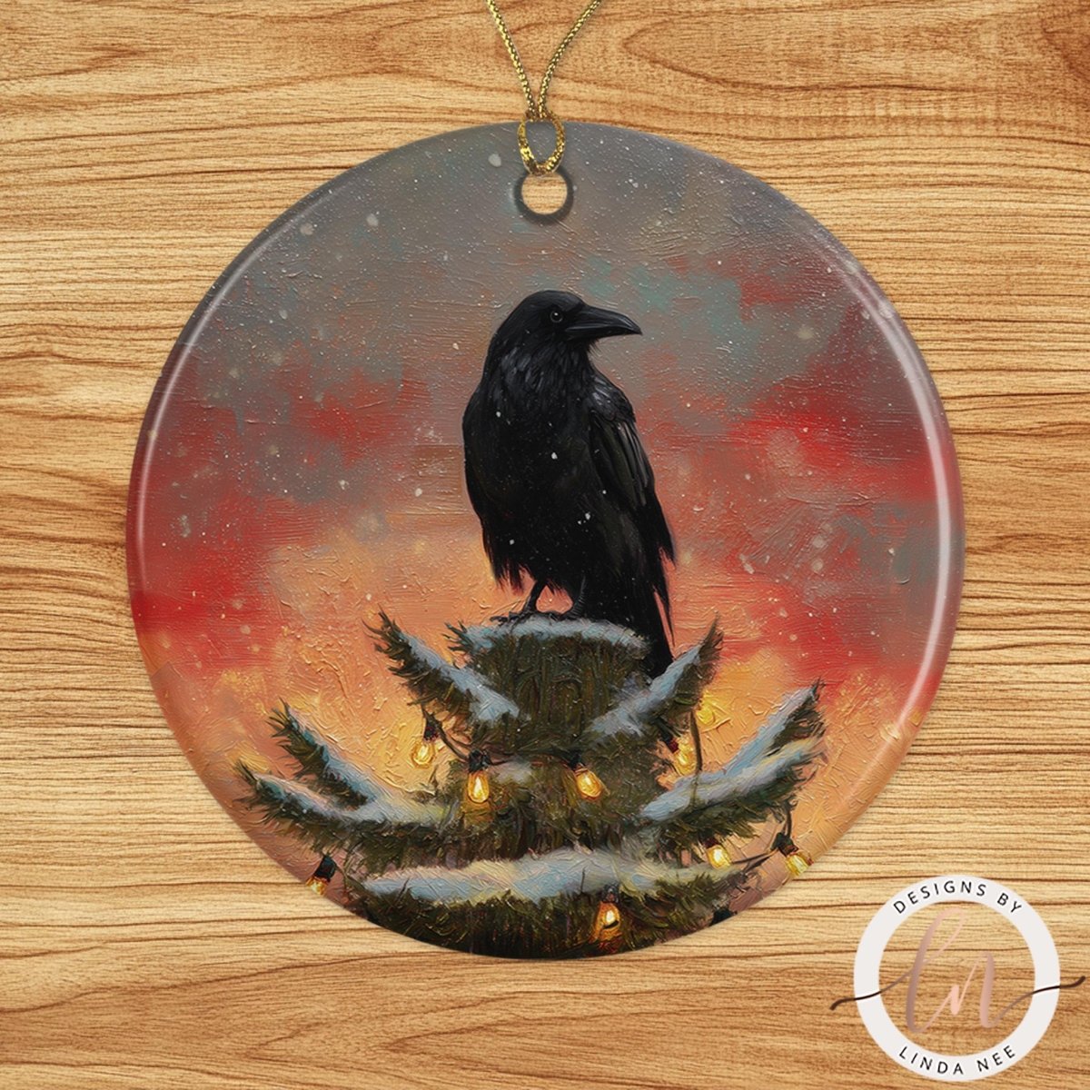 A black crow perched on a snow-covered evergreen tree, with a warm, glowing background featuring a sunset or sunrise.