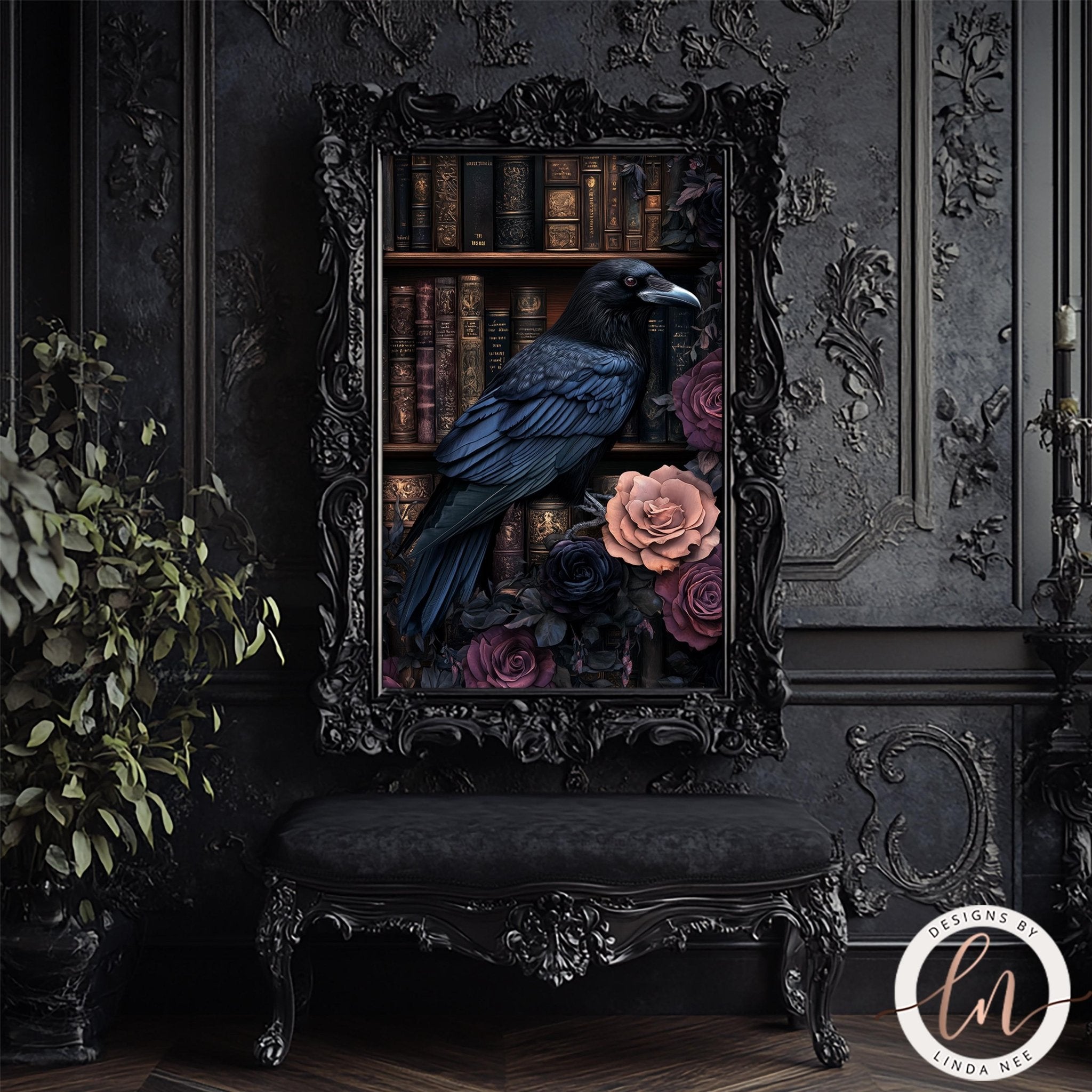 Gothic Raven on Books - Dark Academia Wall Art Print