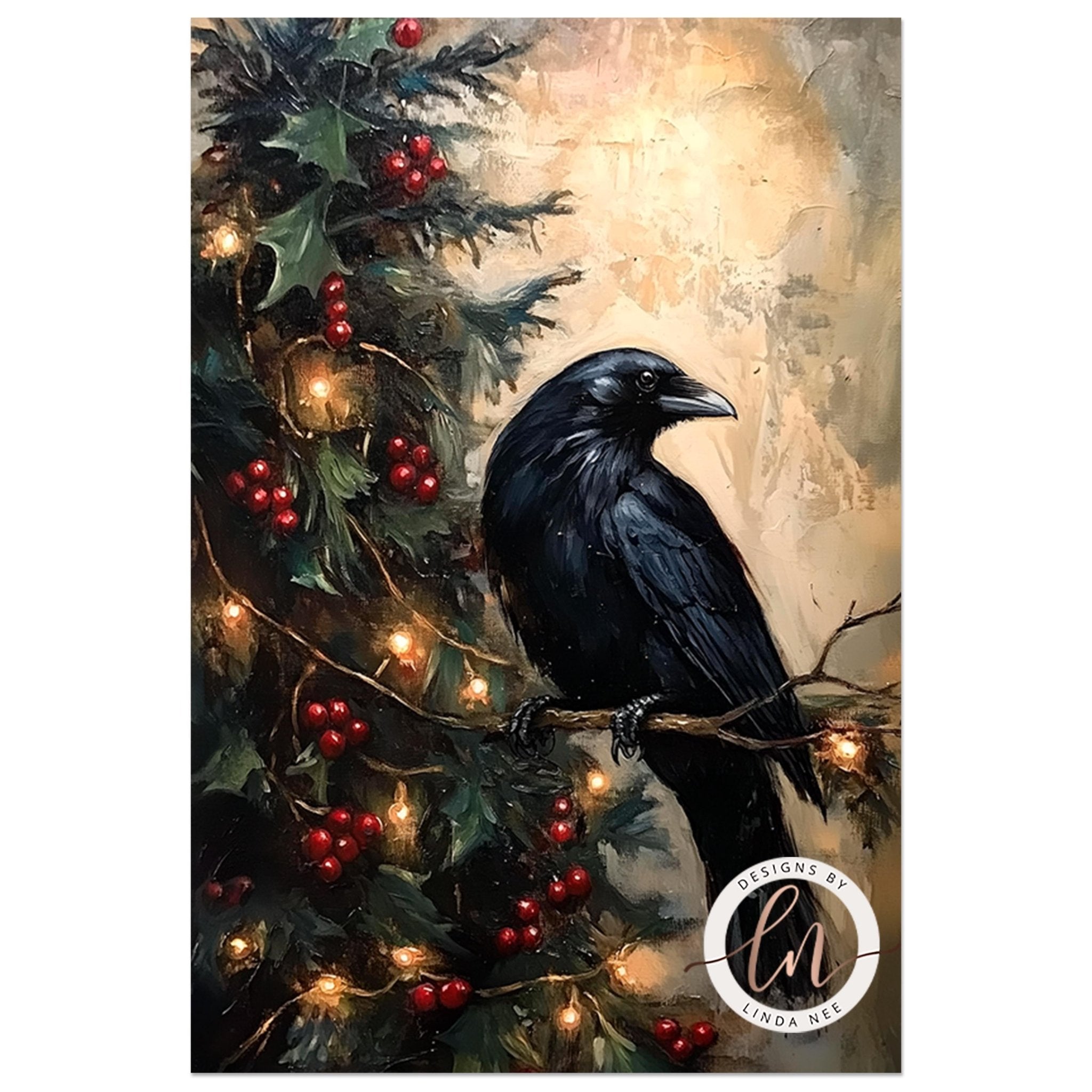 A black crow perched on a branch of a Christmas tree adorned with red berries and twinkling lights.