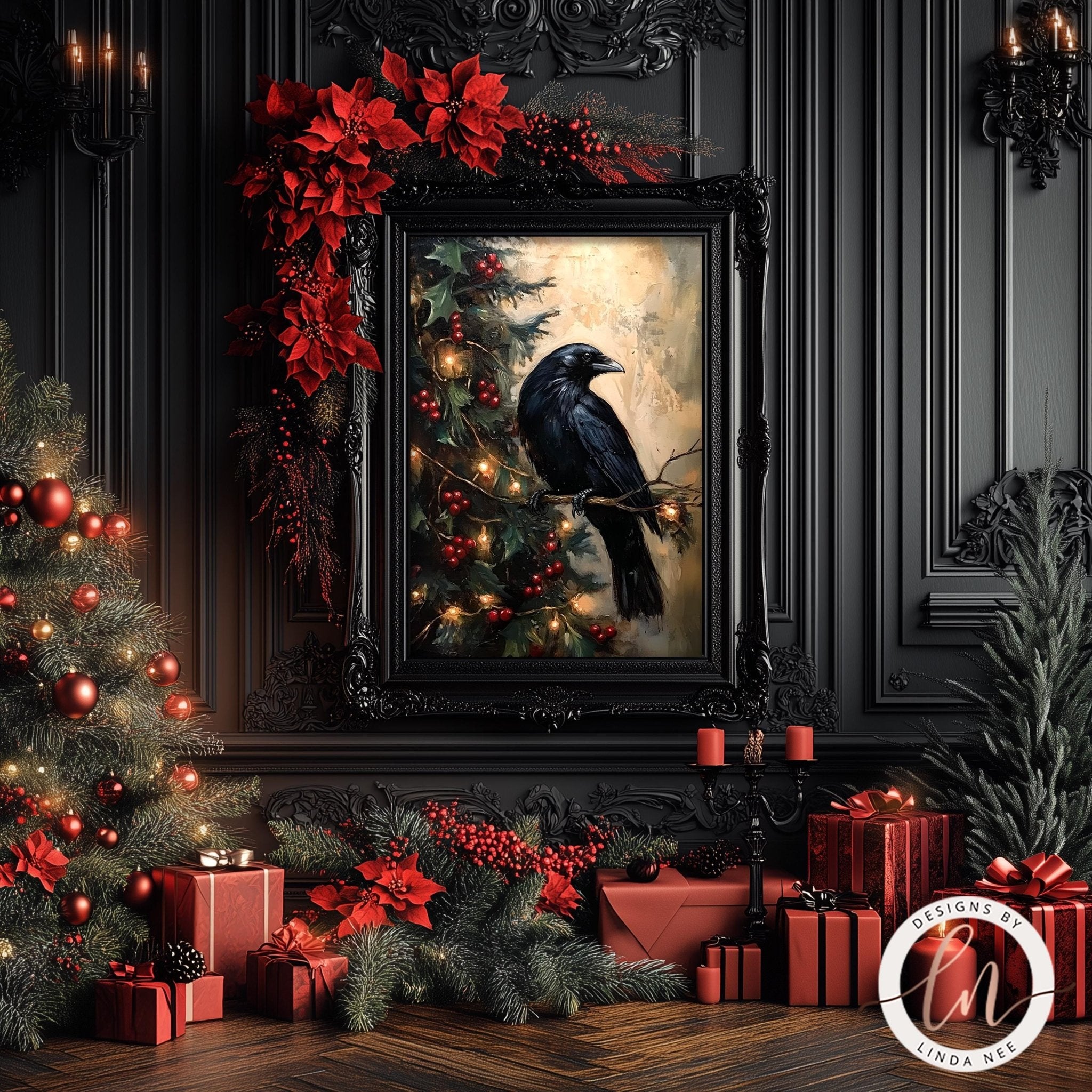 Gothic Raven on Christmas Tree Wall Art - Metal & Fine Art for Holiday Decor