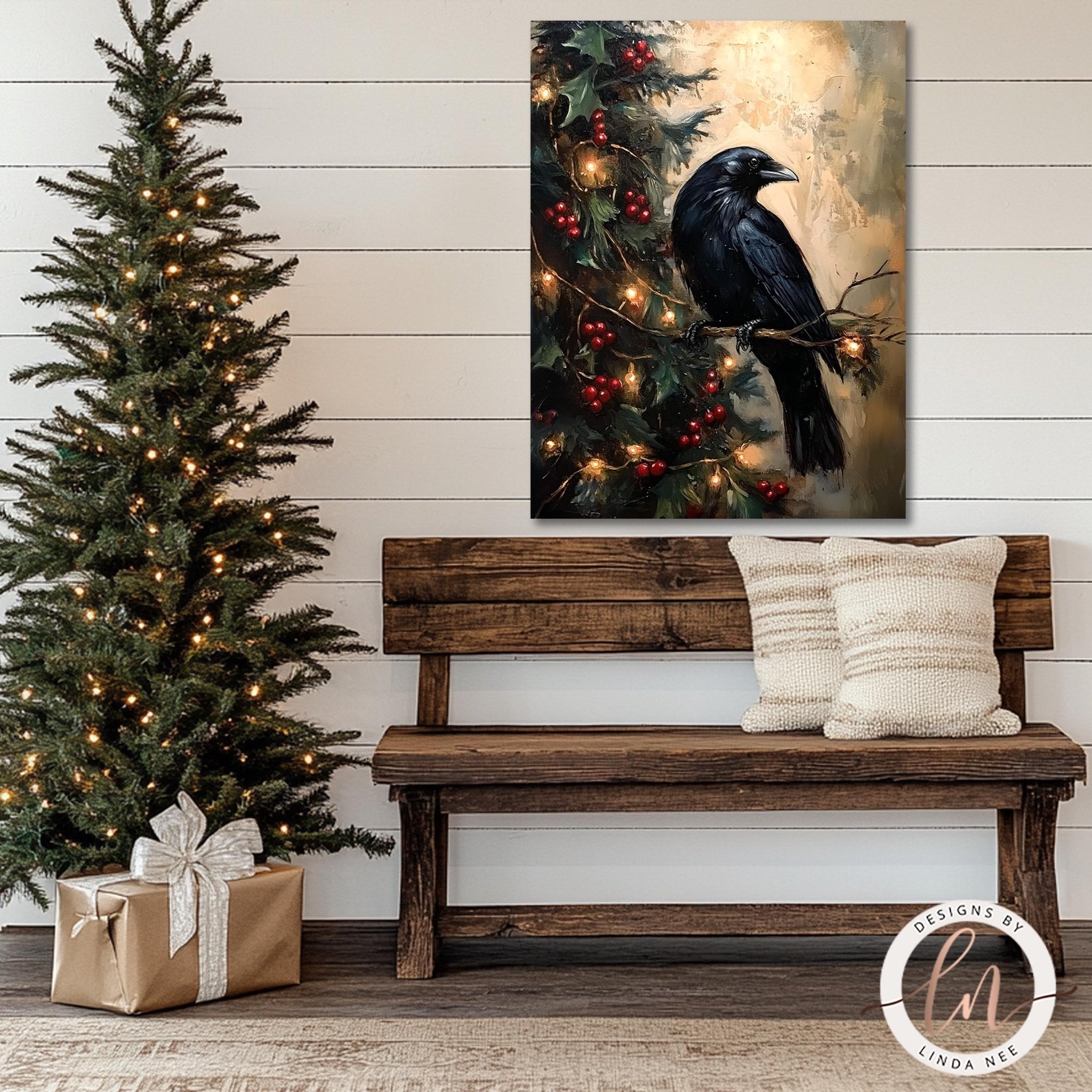 Gothic Raven on Christmas Tree Wall Art - Metal & Fine Art for Holiday Decor