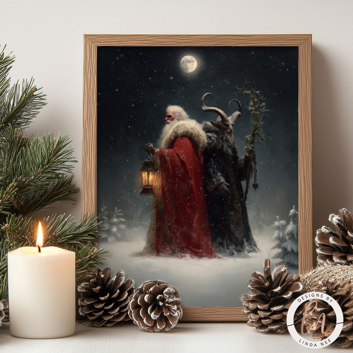 a Christmas scene with Santa Claus and two dark figures, one of whom is holding a lantern. The scene is set against a snowy landscape with a full moon in the night sky. The image is framed and displayed on a shelf, surrounded by pine cones and a lit candle.