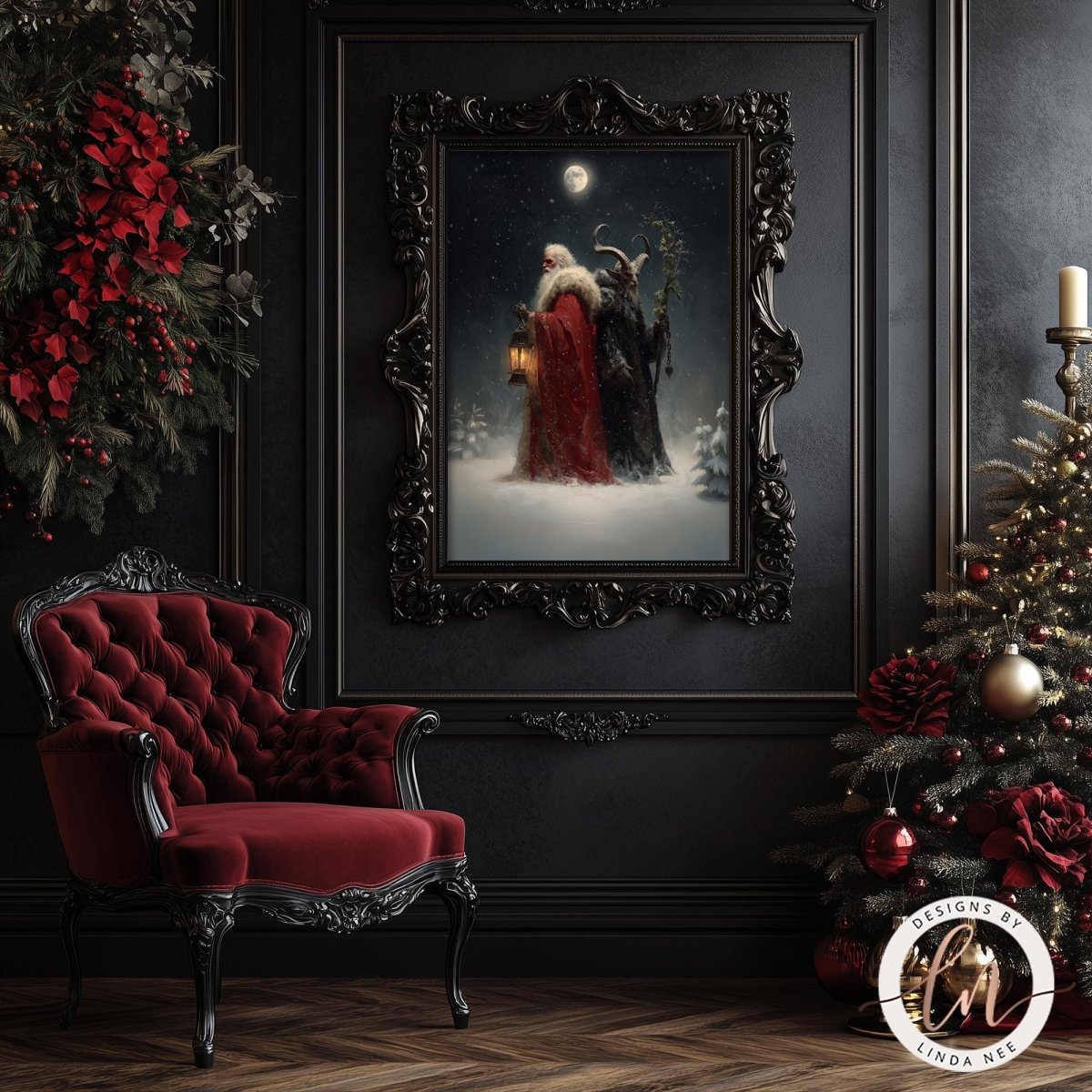 a dark, gothic-style room with a large, ornate painting of Santa Claus and the devil hanging on the wall. The room also includes a red velvet armchair, a Christmas tree, and a chandelier, creating a festive and elegant atmosphere.