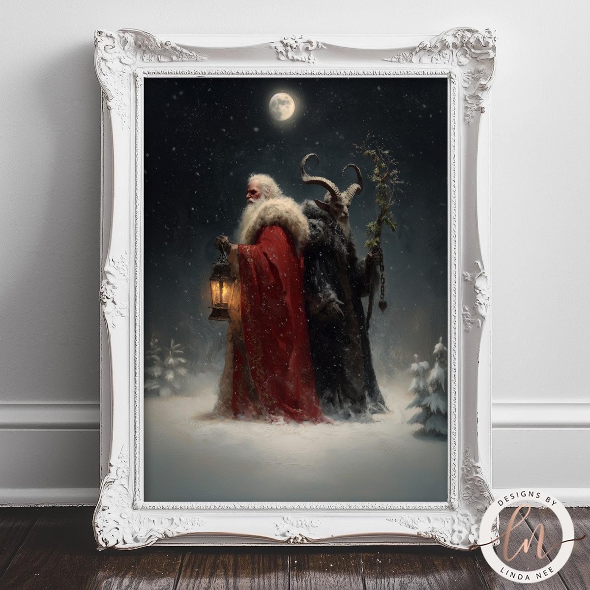 a snowy night scene with two figures, one wearing a red robe and the other wearing a black robe, standing in the snow. The moon is visible in the background, and the figures are holding lanterns.