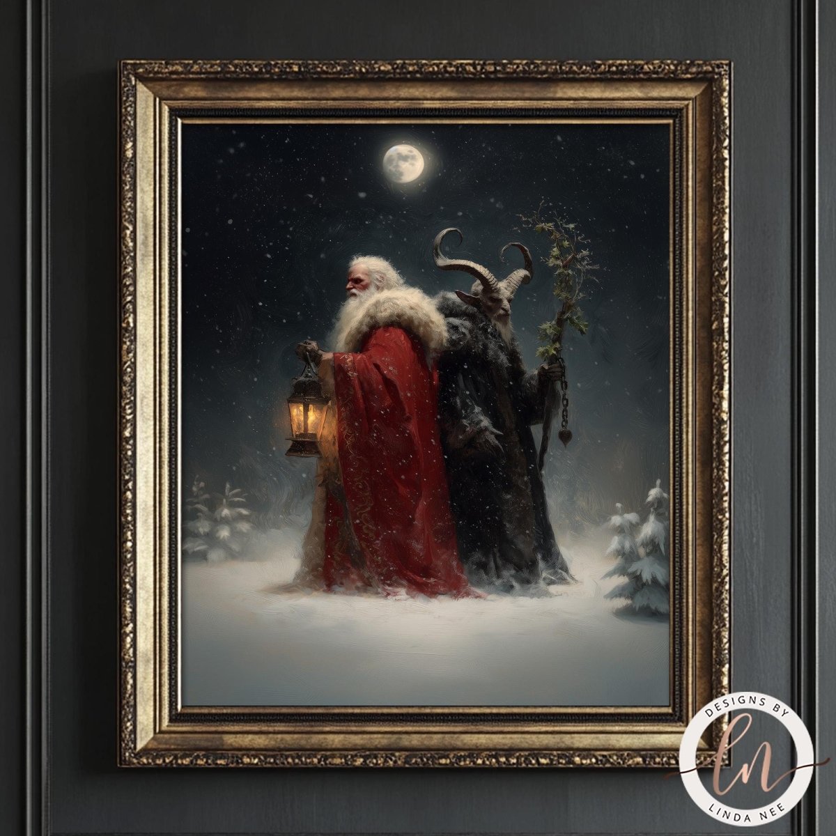 A framed painting depicting a snowy night scene with a figure in a red robe holding a lantern, accompanied by a dark figure with horns.