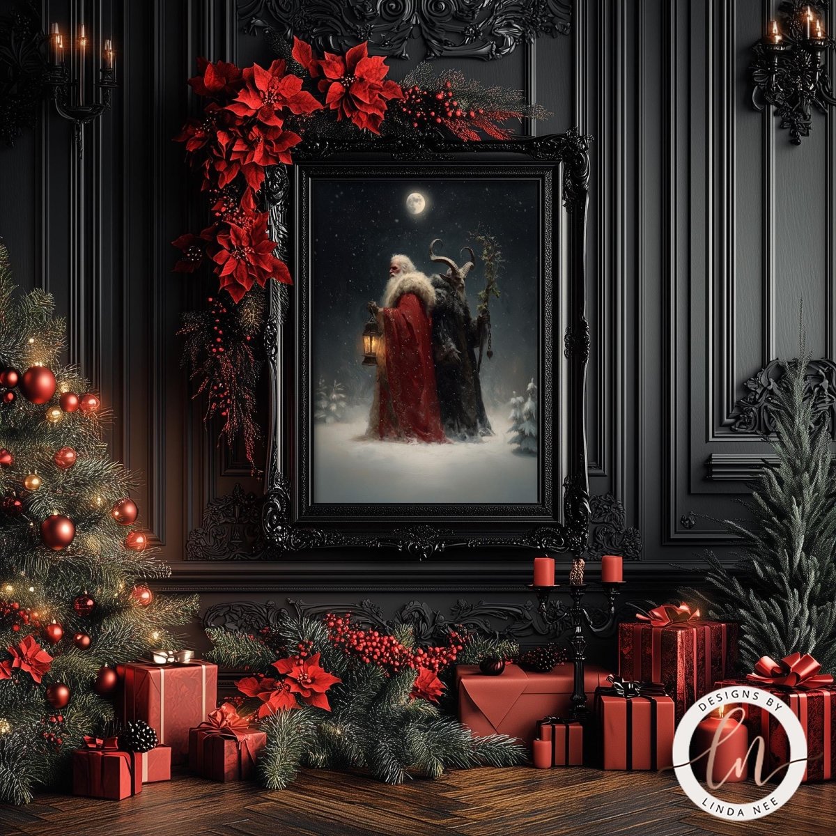 a festive Christmas scene with a framed painting of Santa Claus and the devil, surrounded by red poinsettias, a decorated Christmas tree, and wrapped presents.