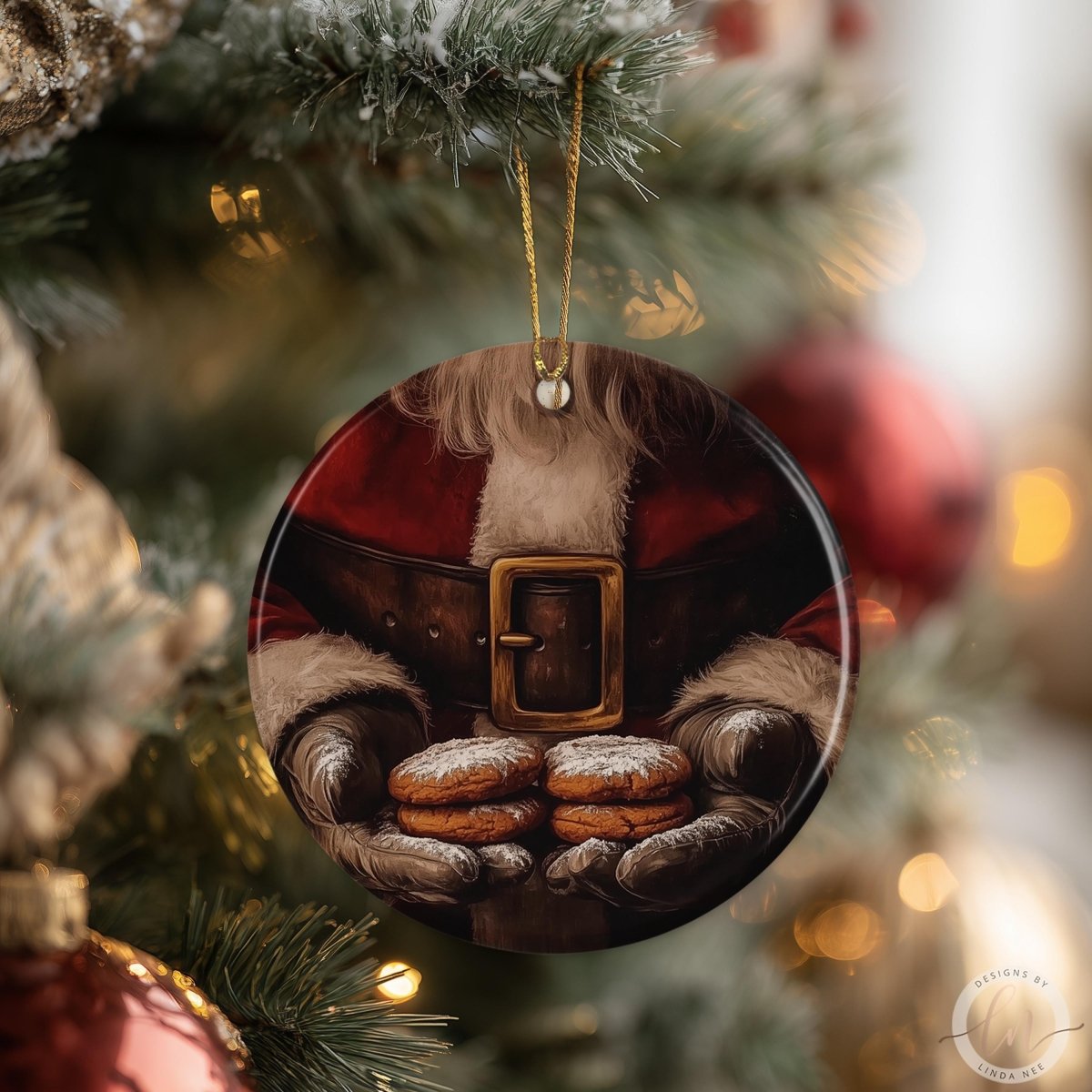 Ceramic ornament showing Santa’s torso in a red suit with black leather gloves holding two powdered cookies, golden belt buckle visible, displayed on wood background. By Designs by Linda Nee.