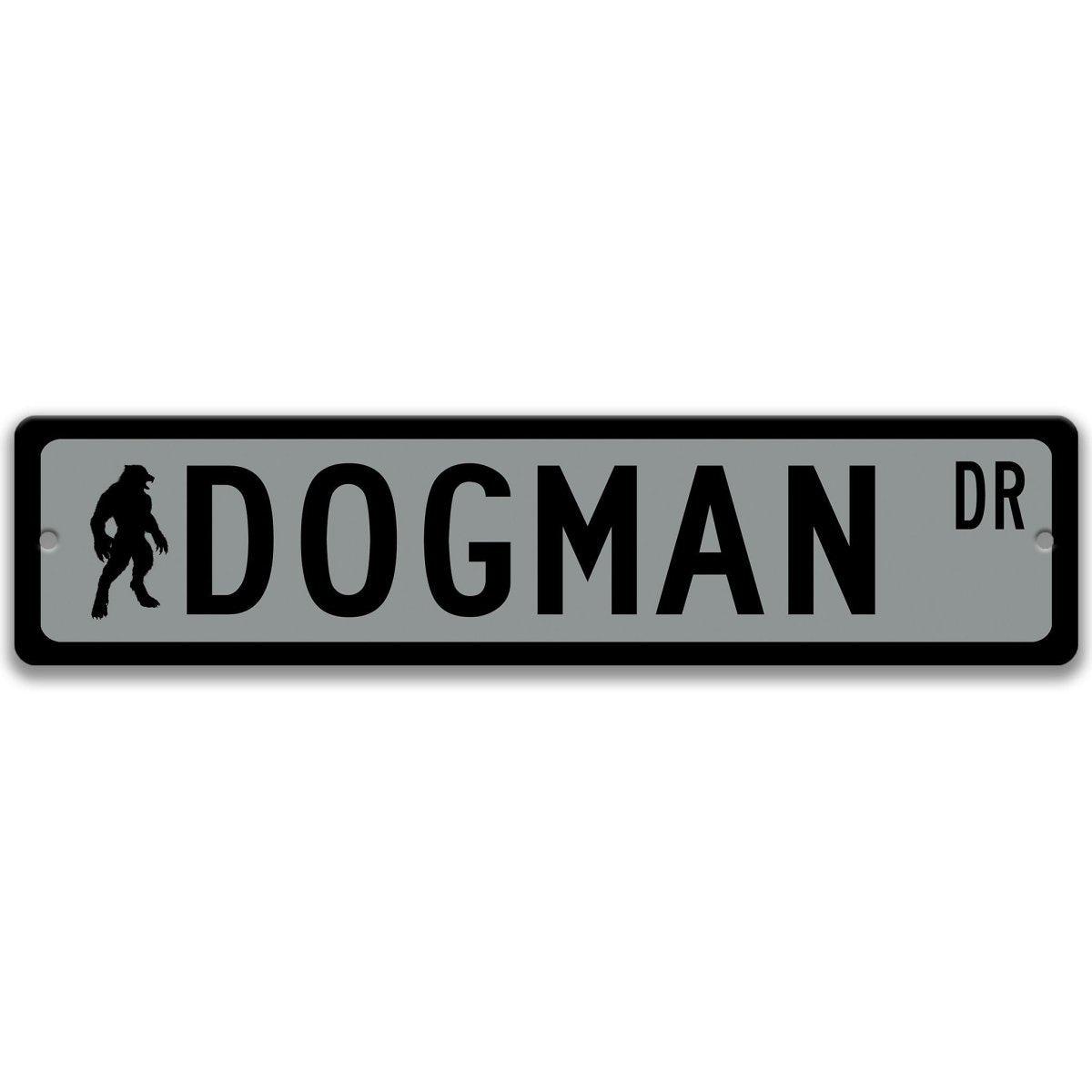 Gray Dogman aluminum street name sign with black lettering