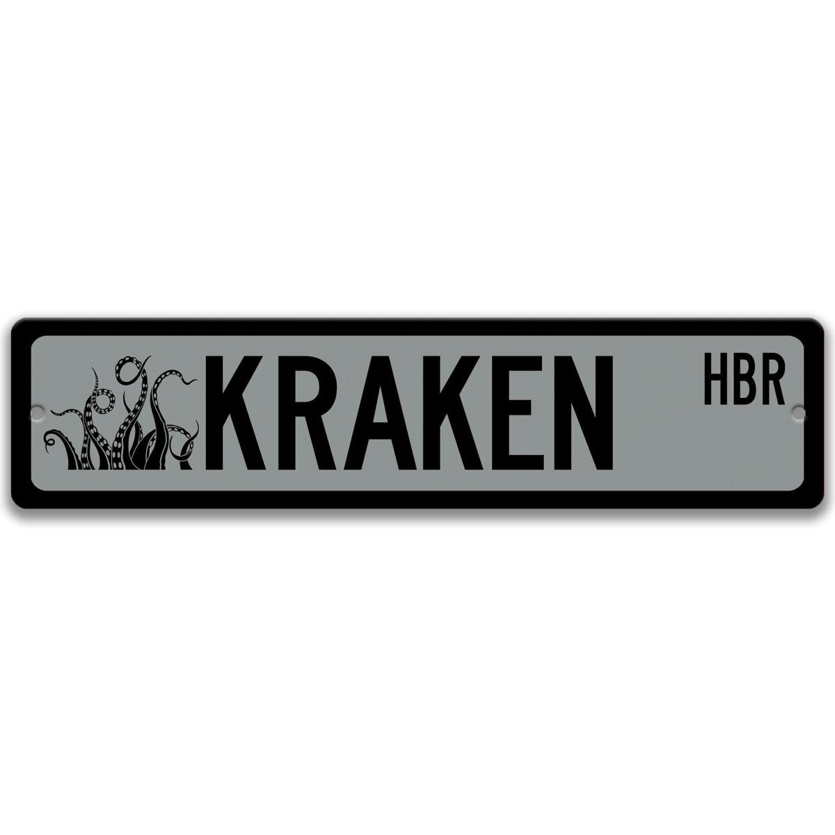 Gray Kraken HBR aluminum street sign, black lettering with kraken tentacle artwork