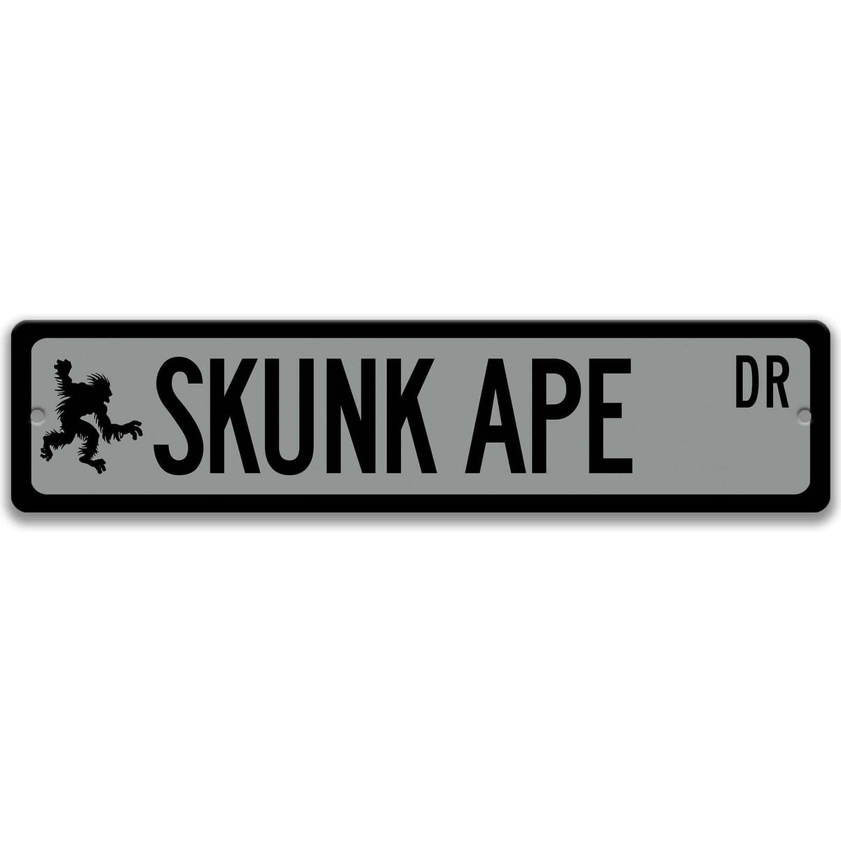 Gray Skunk Ape aluminum street name sign with black lettering