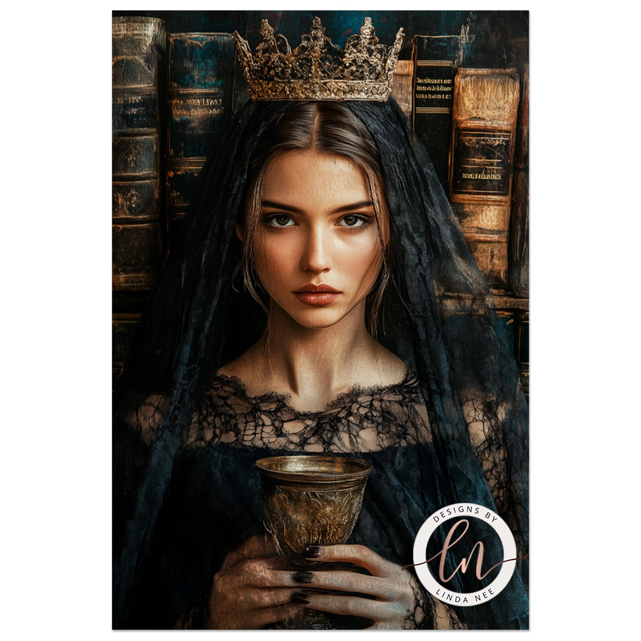 A woman wearing a black veil and holding a golden chalice stands in front of a bookshelf, with a crown on her head.