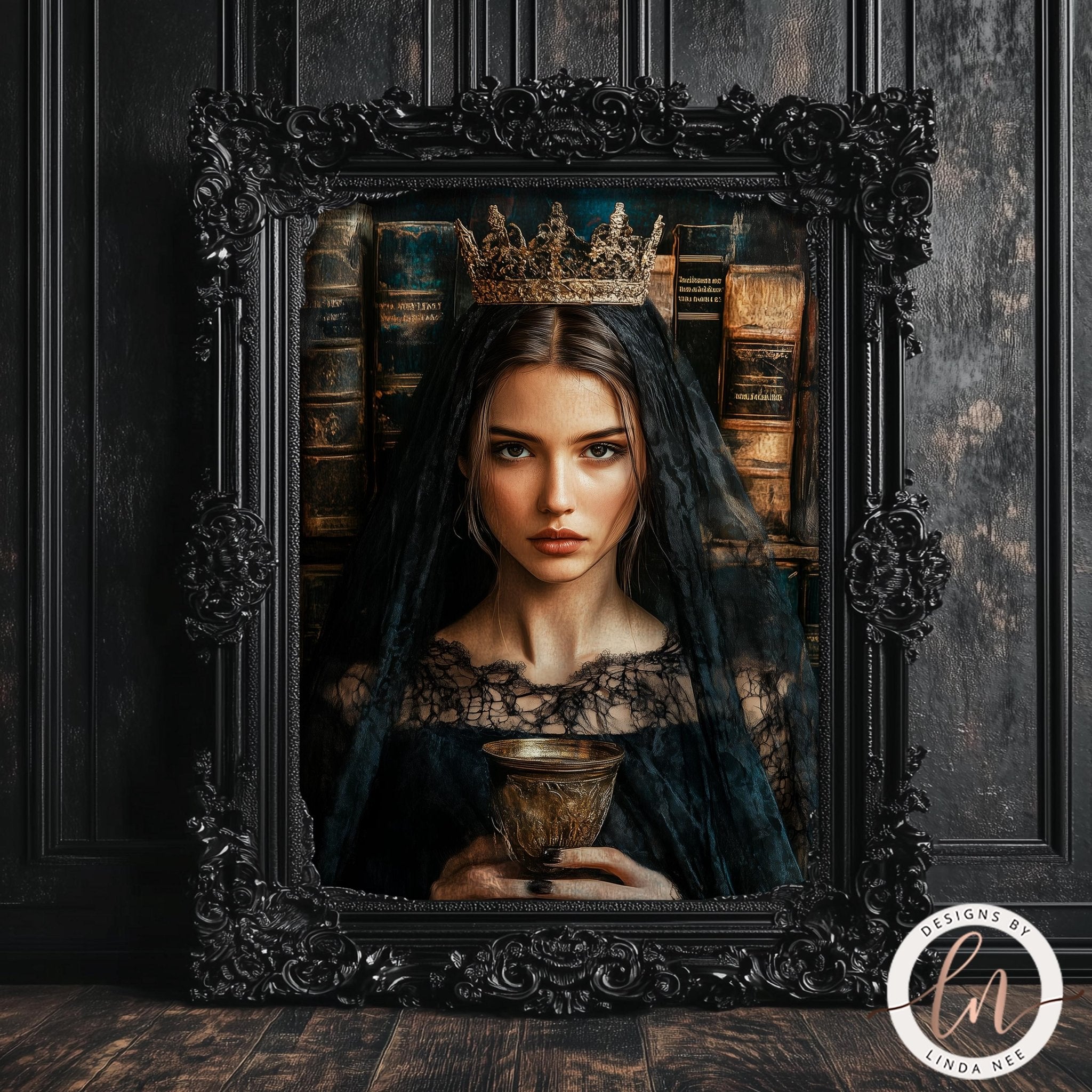 A woman wearing a crown and holding a cup is framed in an ornate black frame, set against a dark background with bookshelves.