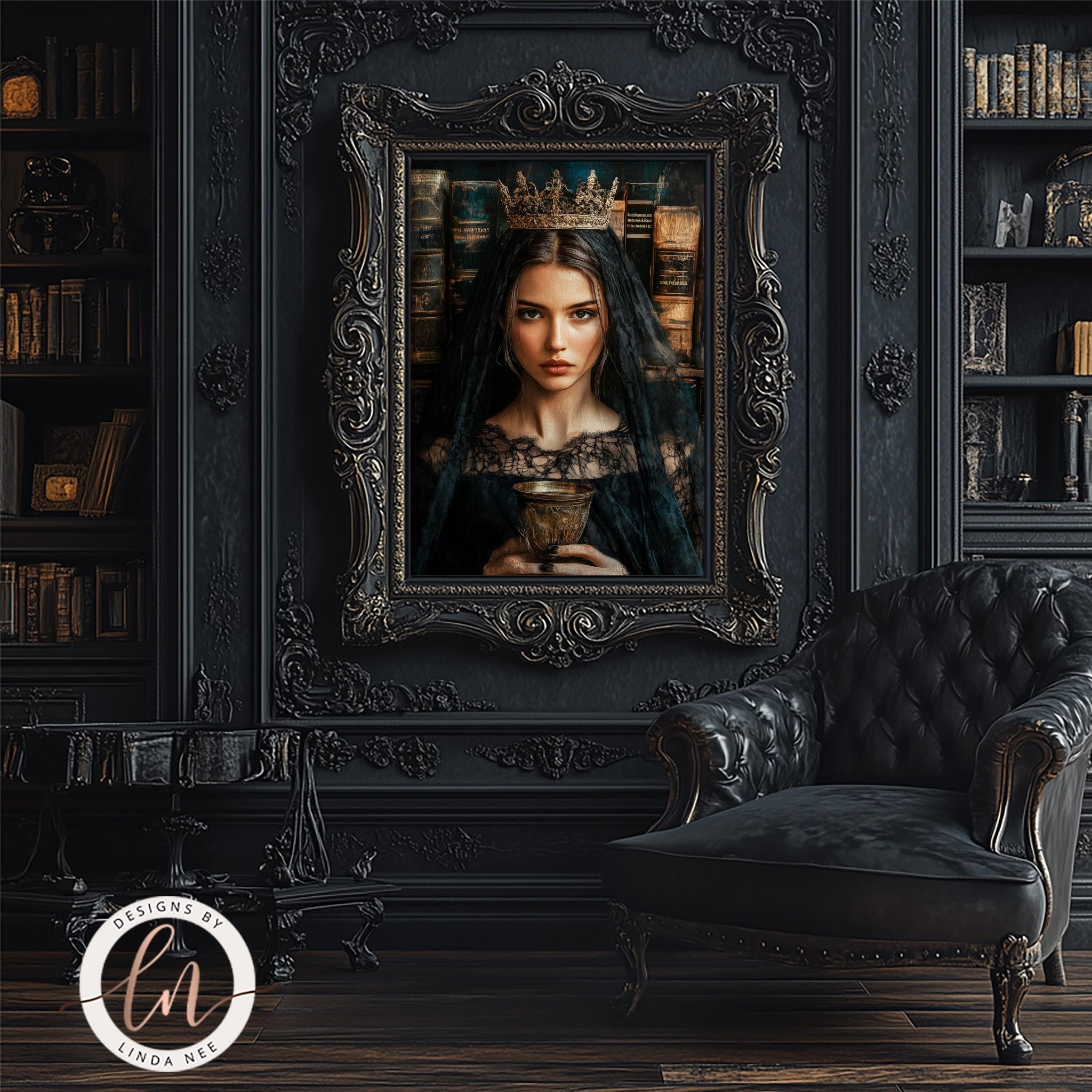 a woman wearing a crown, standing in a room with a large ornate frame on the wall. The room has a dark, elegant atmosphere with a leather chair and a bookshelf filled with books.