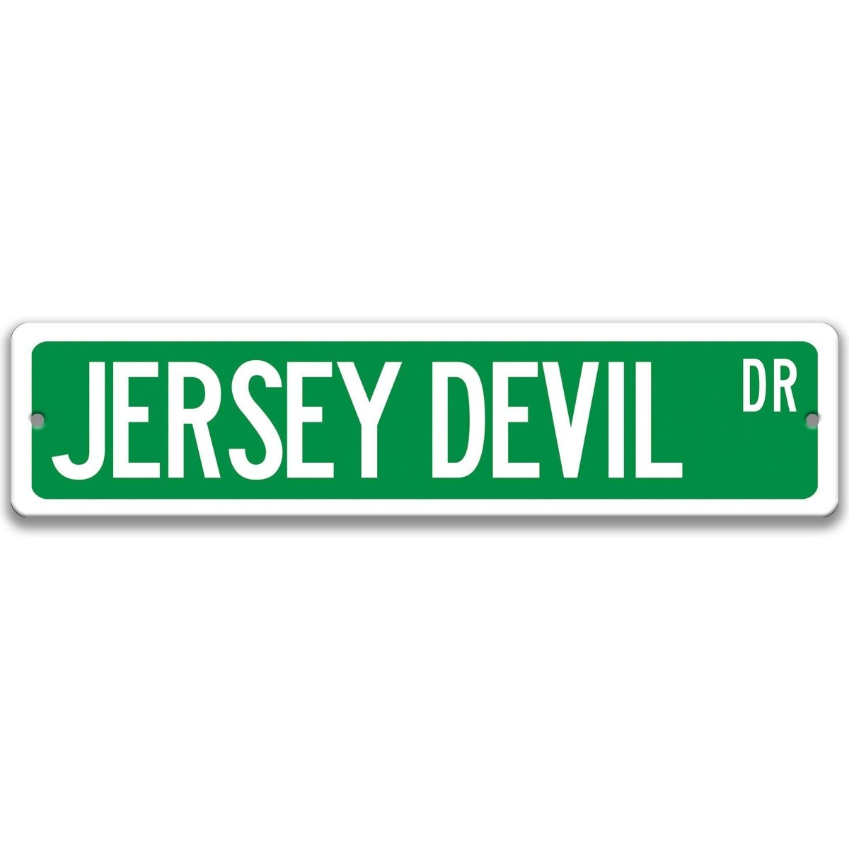 Green Jersey Devil aluminum street name sign with white lettering, alternate layout