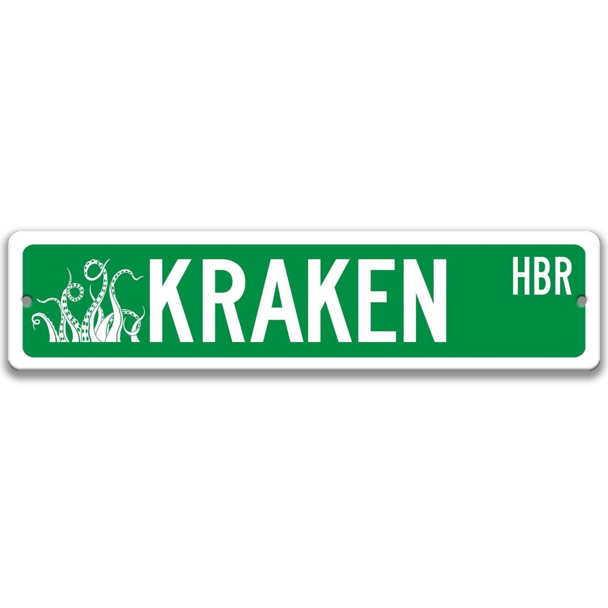 Green Kraken HBR aluminum street sign, white lettering with kraken tentacle artwork