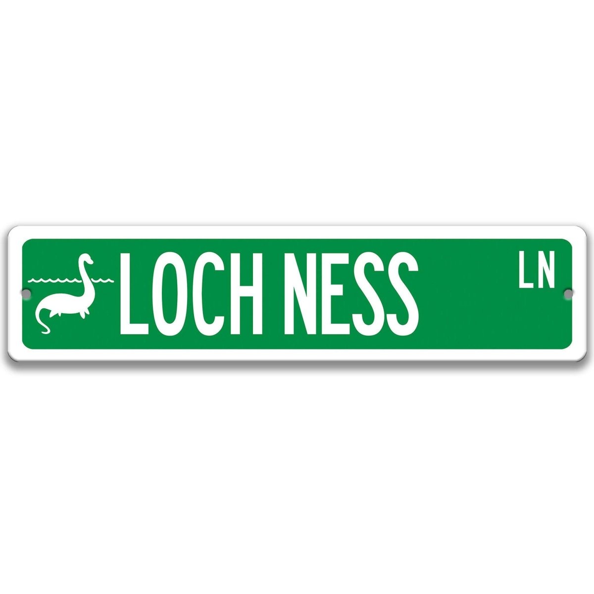 Green Loch Ness Monster aluminum street name sign with white lettering