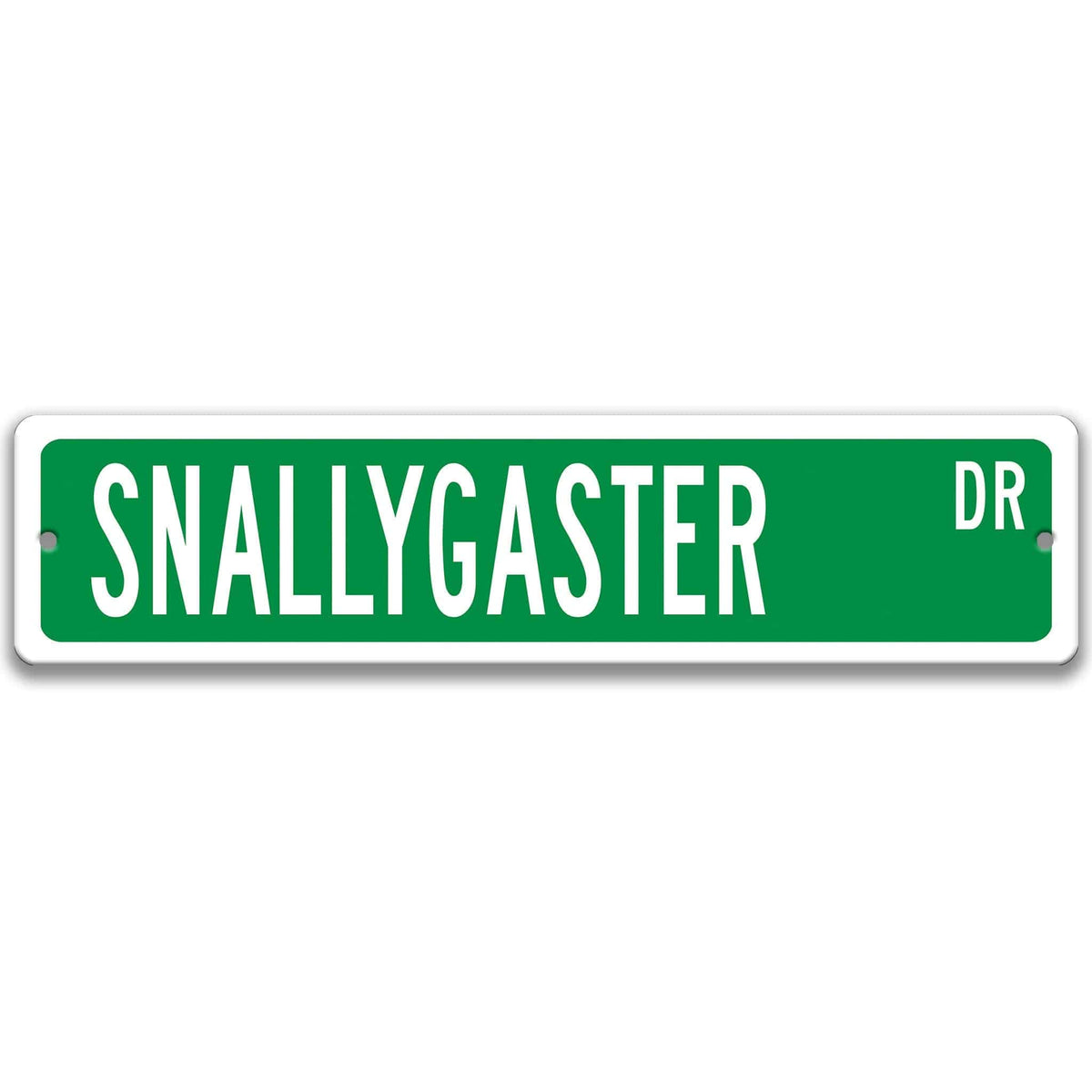 Green Snallygaster aluminum street name sign with white lettering, alternate layout