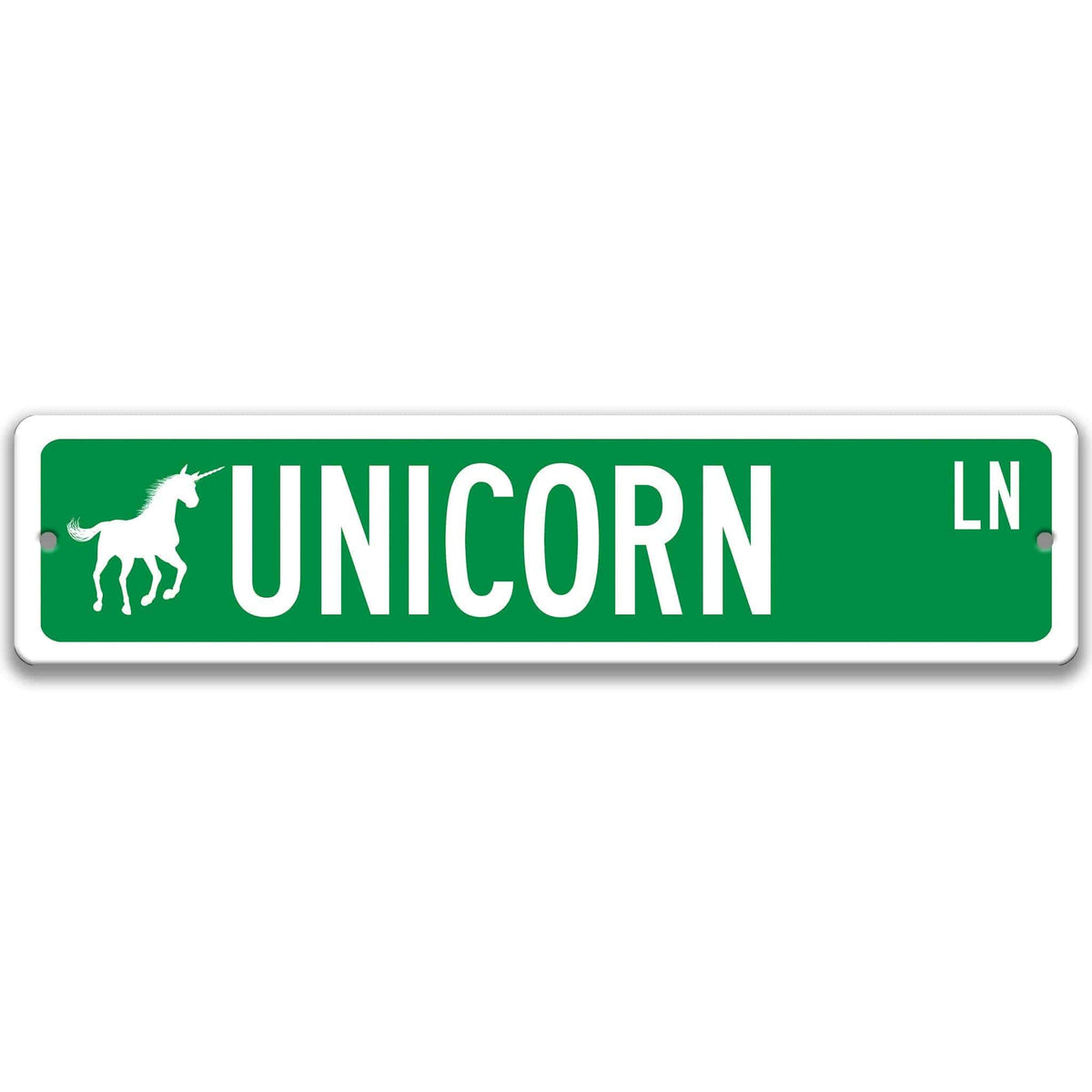 Green Unicorn aluminum street name sign with white lettering