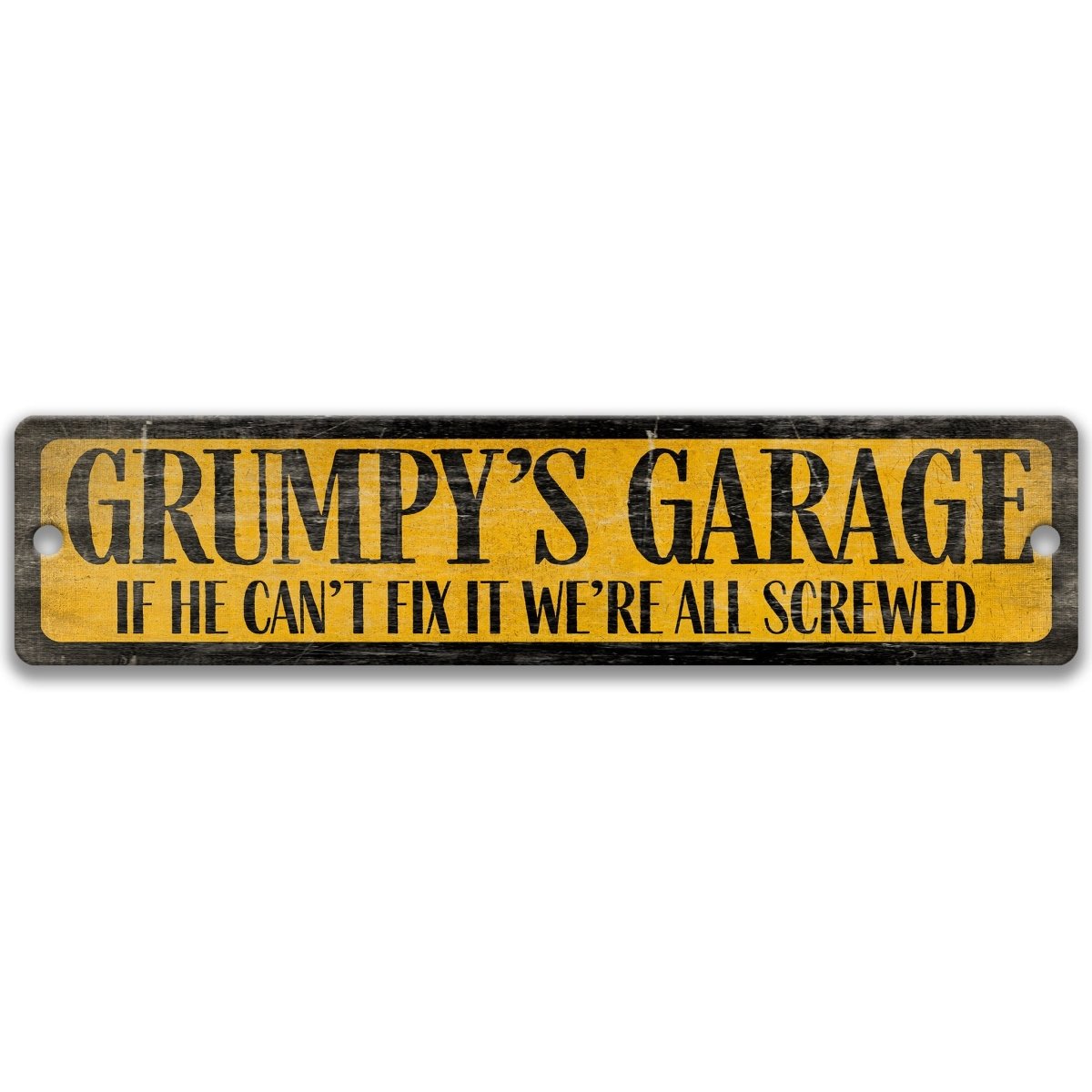 a sign with the text "GRUMPY'S GARAGE" in a distressed, yellow and black color scheme.