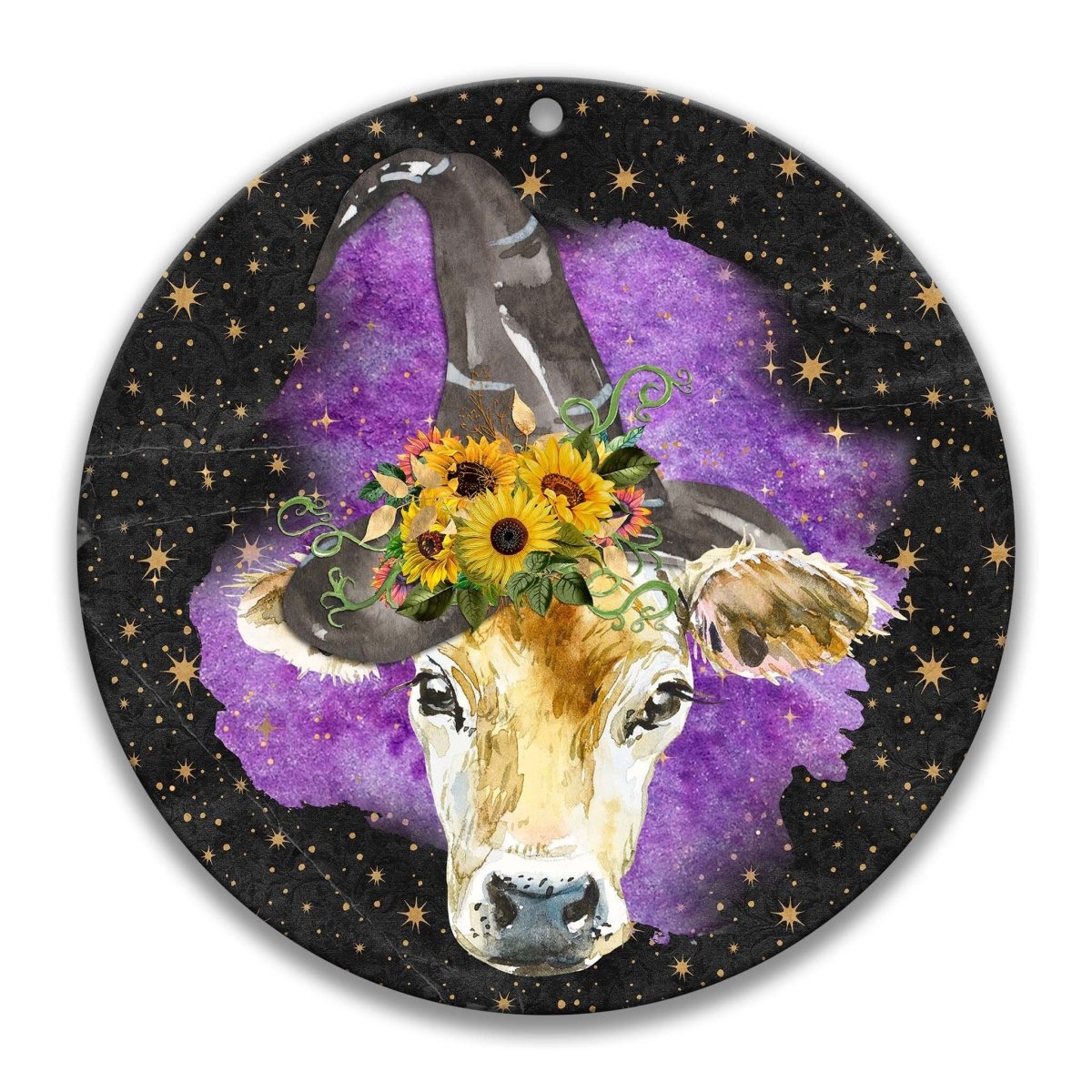 Decorative plate with a cow's head wearing a flower crown against a starry night sky background with a hole